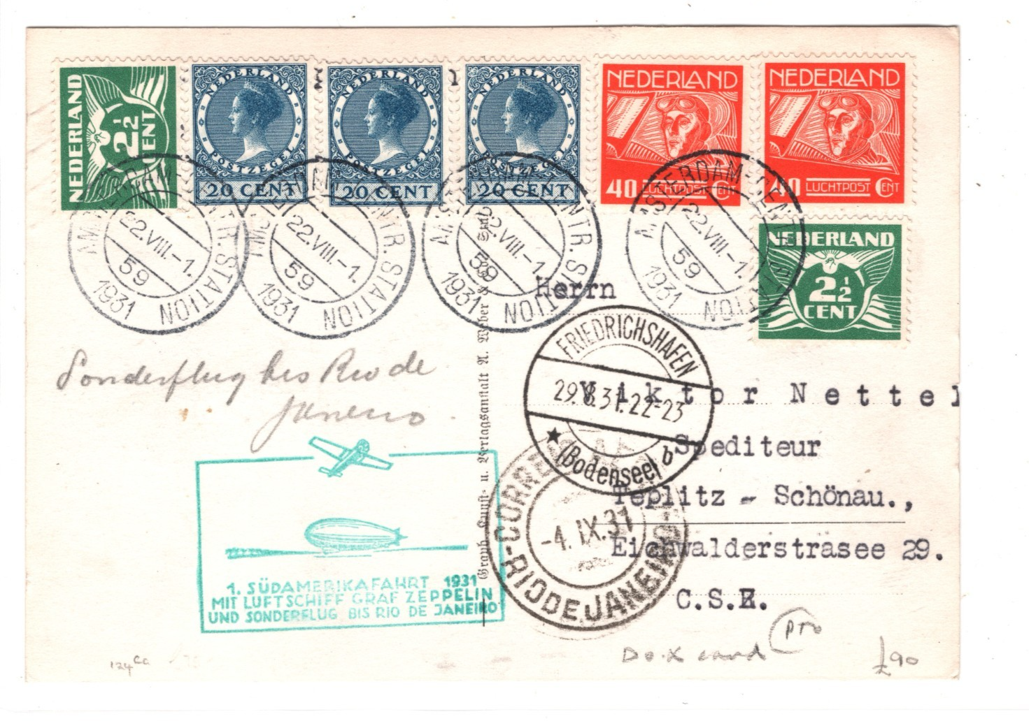 GRAF ZEPPELIN NETHERLANDS Air Mail Card 1931 SÜDAMERIKAFAHRT BRAZIL/CZECH KZ134 - Image 3