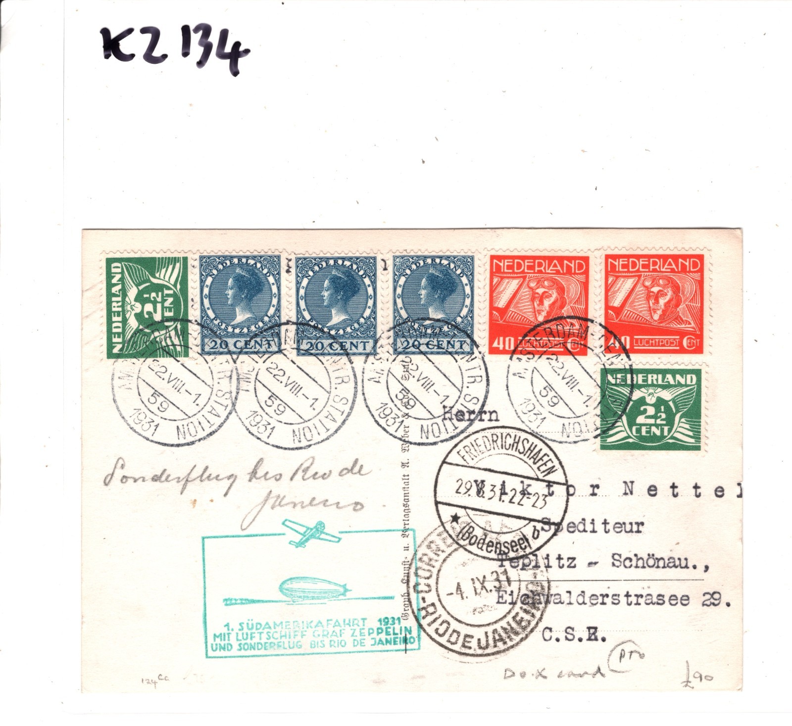 GRAF ZEPPELIN NETHERLANDS Air Mail Card 1931 SÜDAMERIKAFAHRT BRAZIL/CZECH KZ134 - Image 5