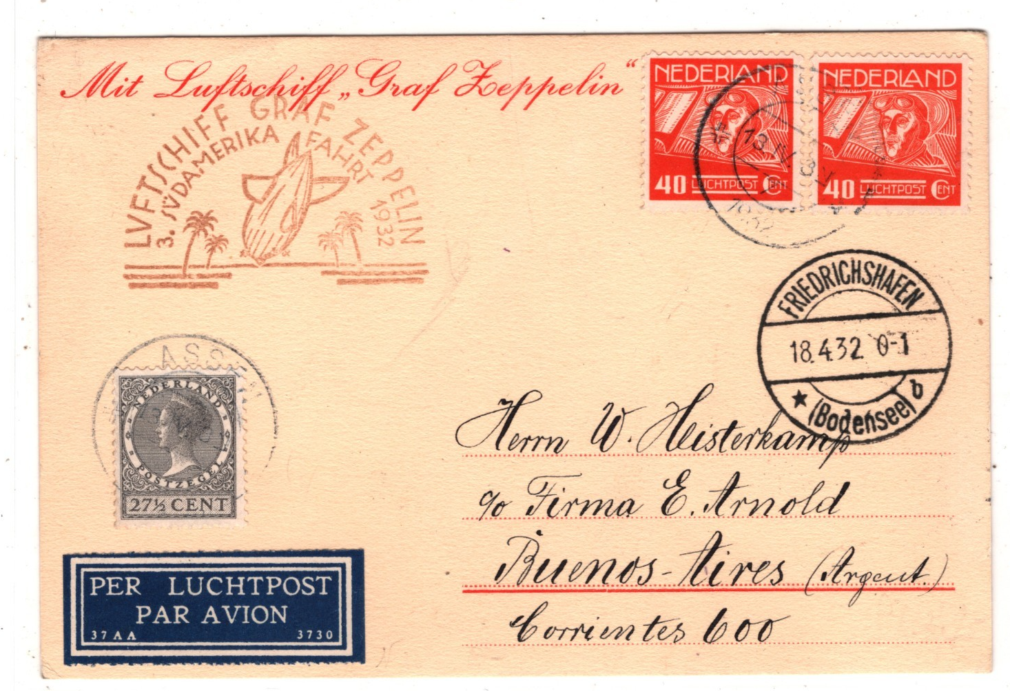 GRAF ZEPPELIN *NETHERLANDS* Card 1932 Assen *3. SÜDAMERIKAFAHRT* Argentina KZ564 - Image 4