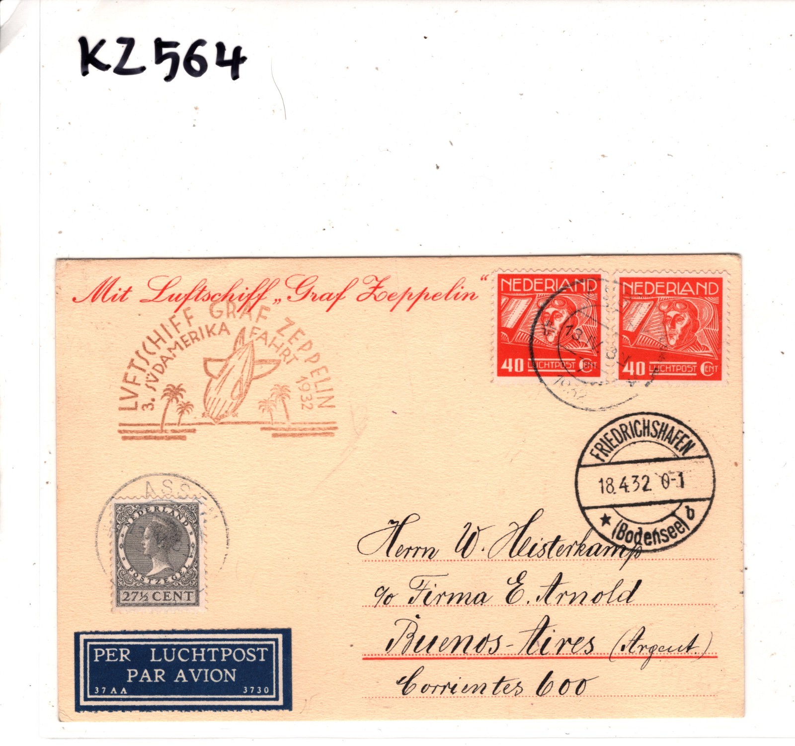 GRAF ZEPPELIN *NETHERLANDS* Card 1932 Assen *3. SÜDAMERIKAFAHRT* Argentina KZ564 - Image 7