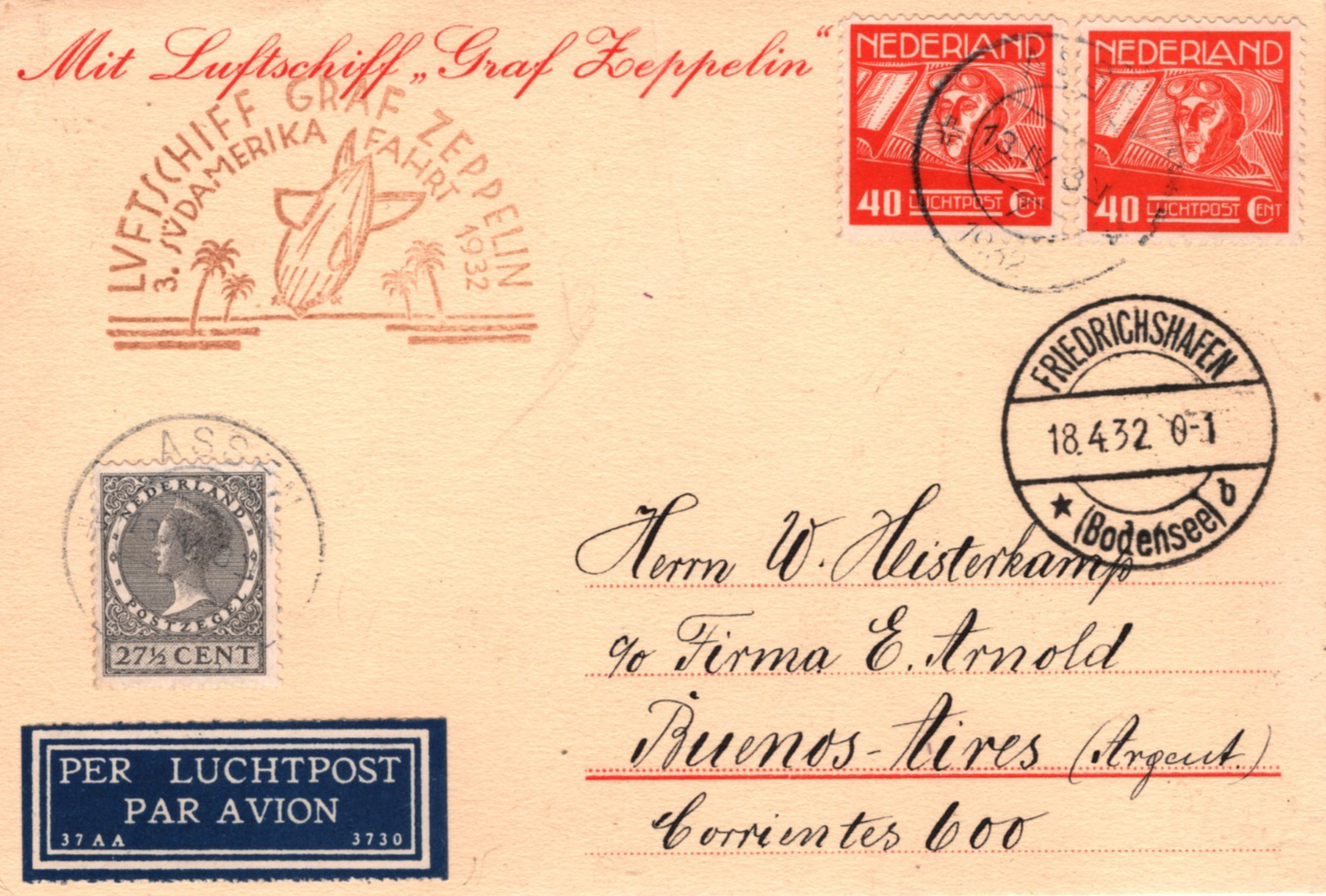 GRAF ZEPPELIN *NETHERLANDS* Card 1932 Assen *3. SÜDAMERIKAFAHRT* Argentina KZ564