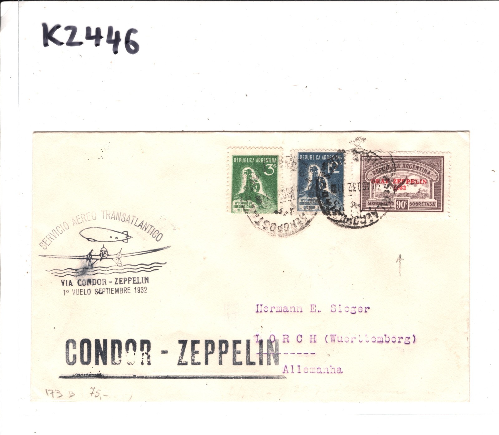 GRAF ZEPPELIN Overprint ARGENTINA *90c* Air 1932 Cover FIRST FLIGHT Lorch KZ446 - Image 8