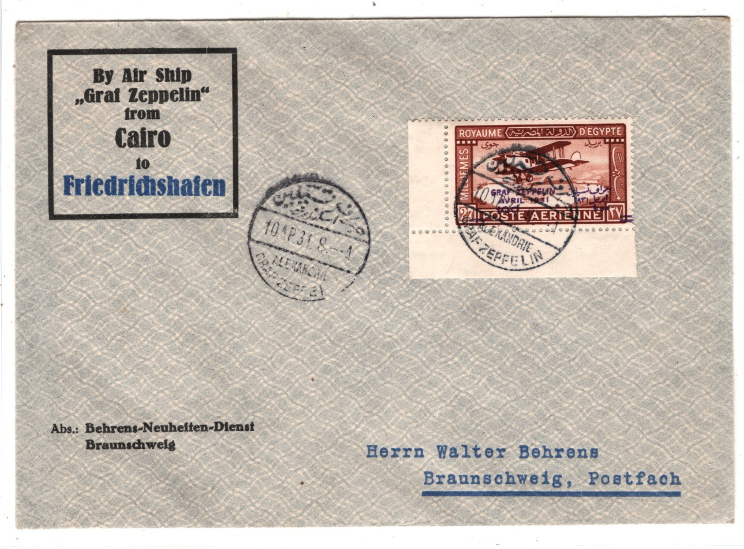 GRAF ZEPPELIN Overprint *EGYPT* Air 100m CORNER MARGINAL Cover 1931 Cairo KZ292 - Image 2