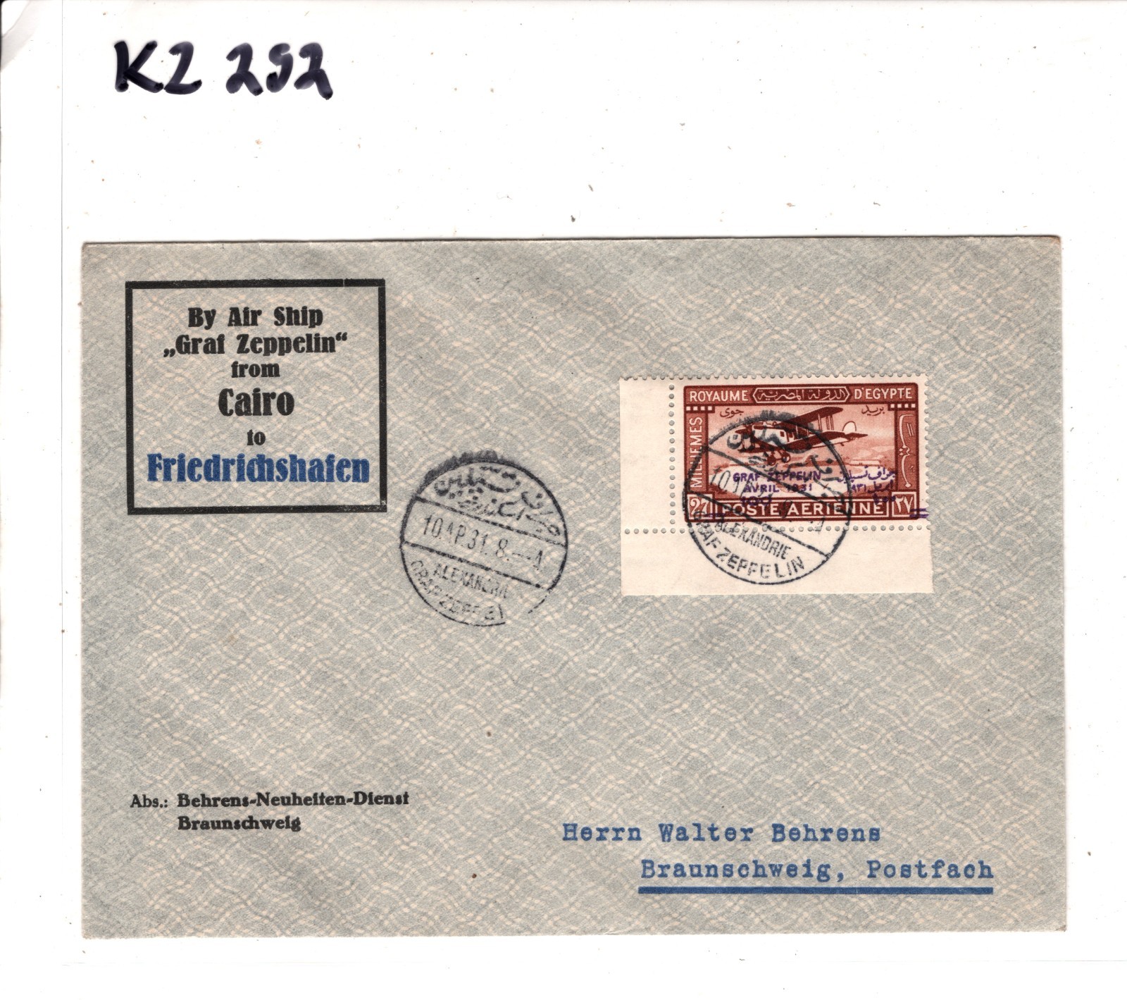 GRAF ZEPPELIN Overprint *EGYPT* Air 100m CORNER MARGINAL Cover 1931 Cairo KZ292 - Image 6