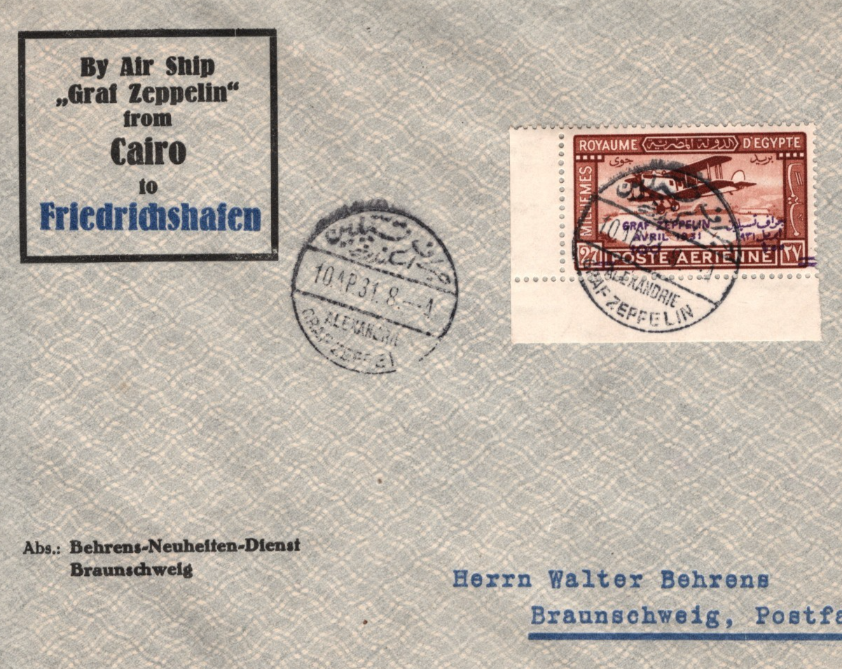 GRAF ZEPPELIN Overprint *EGYPT* Air 100m CORNER MARGINAL Cover 1931 Cairo KZ292