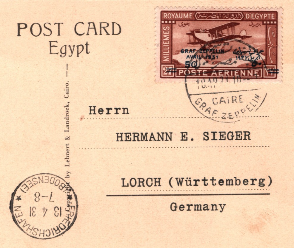 GRAF ZEPPELIN Overprint *EGYPT* Air Mail 50m VARIETY *1951* Postcard 1931 KZ301 - Image 2