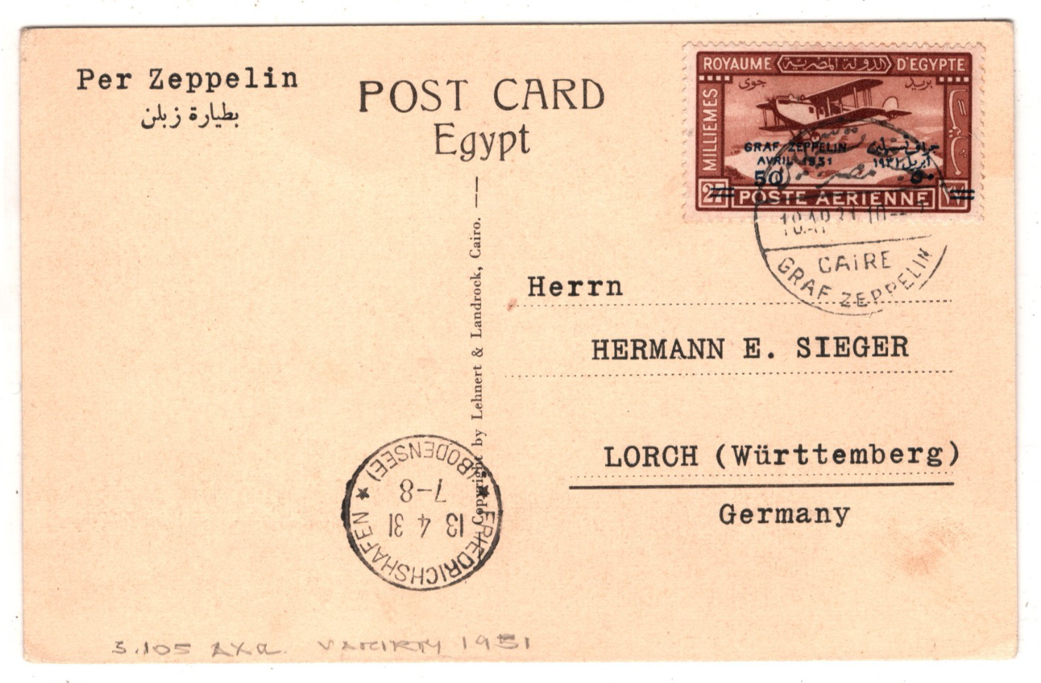 GRAF ZEPPELIN Overprint *EGYPT* Air Mail 50m VARIETY *1951* Postcard 1931 KZ301 - Image 3