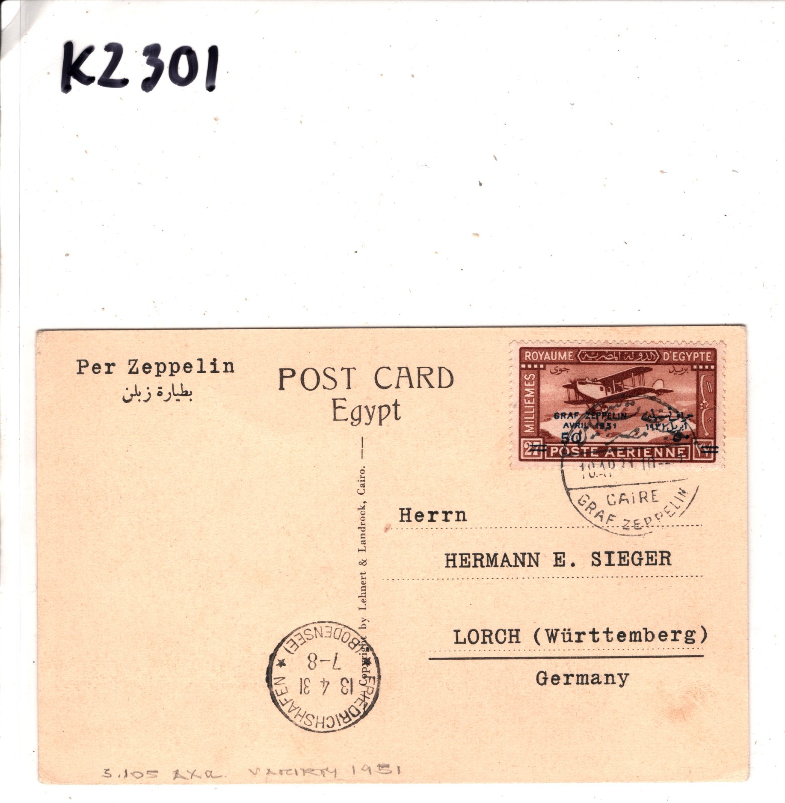 GRAF ZEPPELIN Overprint *EGYPT* Air Mail 50m VARIETY *1951* Postcard 1931 KZ301 - Image 5