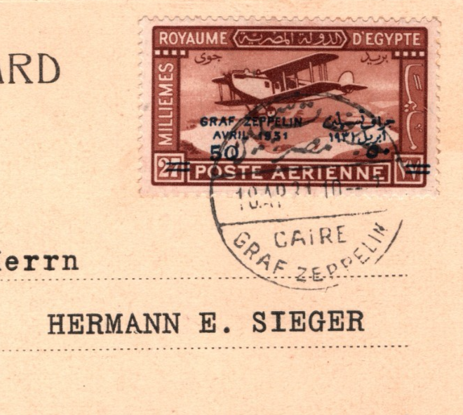 GRAF ZEPPELIN Overprint *EGYPT* Air Mail 50m VARIETY *1951* Postcard 1931 KZ301