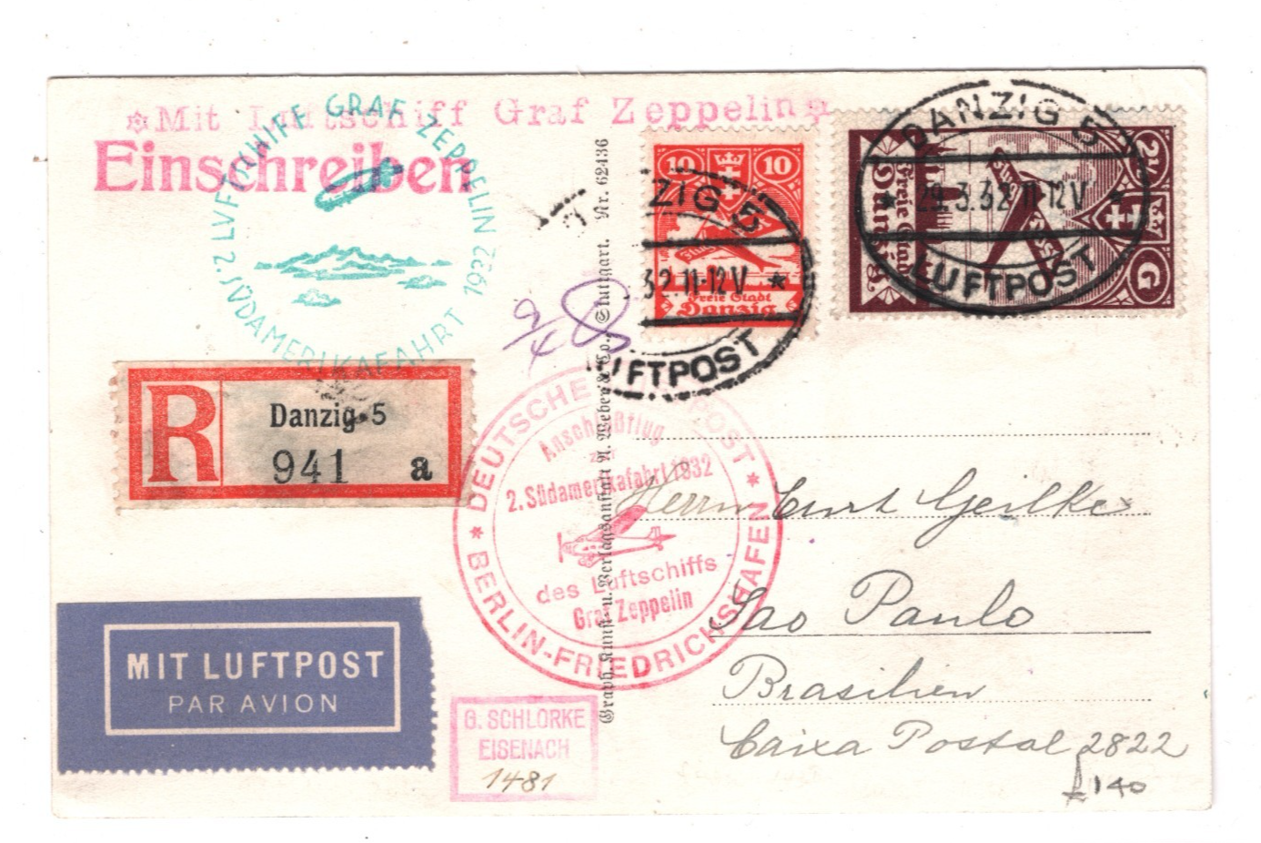 GRAF ZEPPELIN Poland Postcard *DANZIG* Treaty Air Reg 1932 SÜDAMERIKAFAHRT KZ437 - Image 3