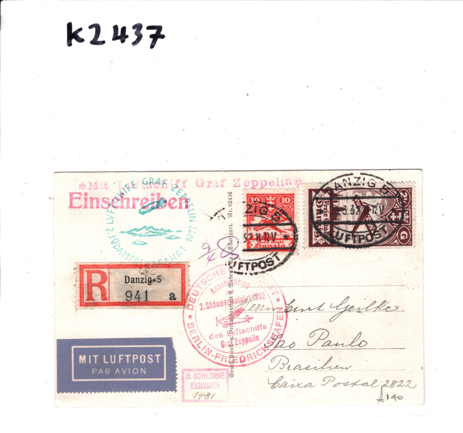 GRAF ZEPPELIN Poland Postcard *DANZIG* Treaty Air Reg 1932 SÜDAMERIKAFAHRT KZ437 - Image 9