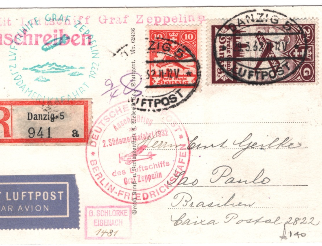 GRAF ZEPPELIN Poland Postcard *DANZIG* Treaty Air Reg 1932 SÜDAMERIKAFAHRT KZ437