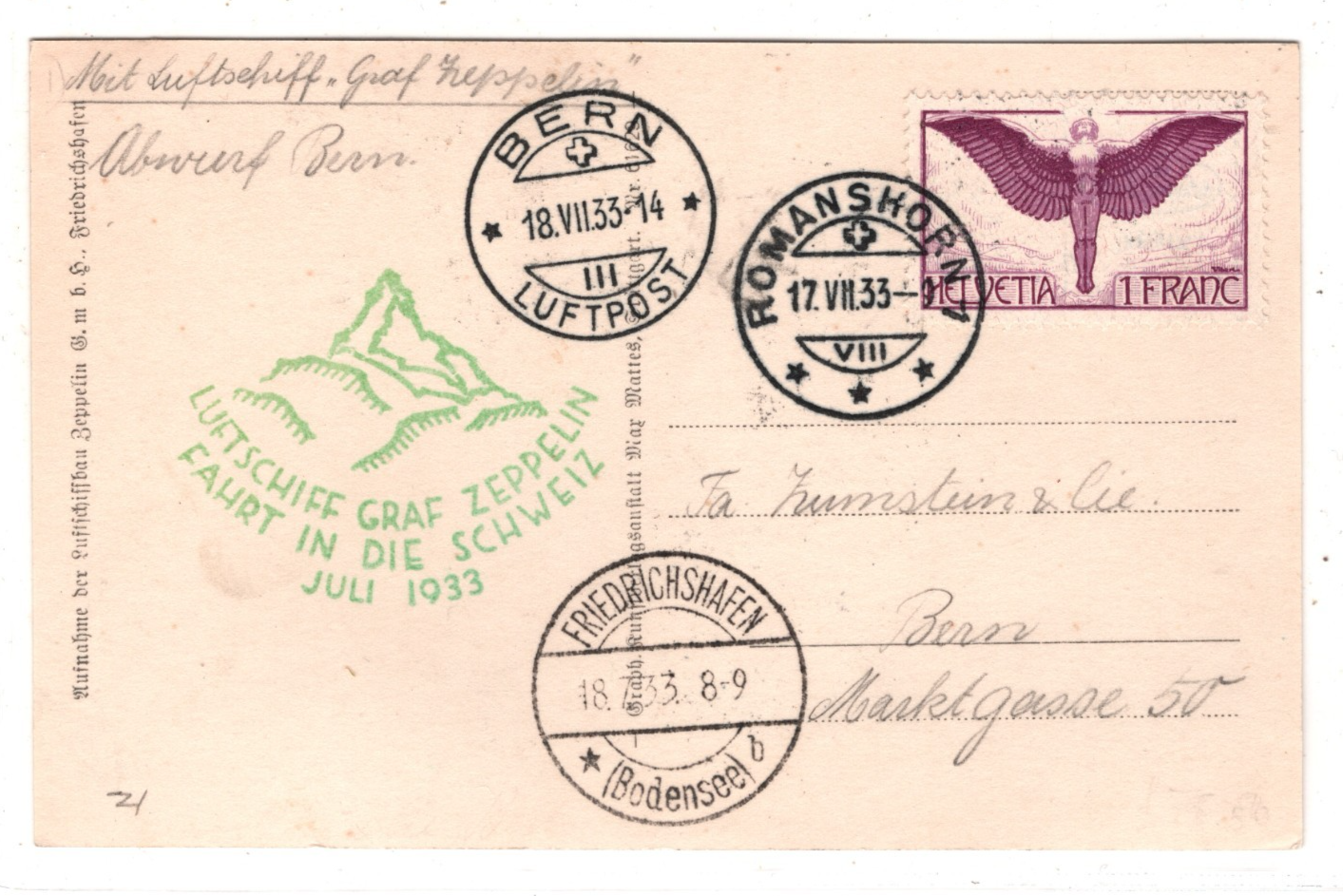 GRAF ZEPPELIN RP Card *SWITZERLAND* Air 1F Angel 1933 FAHRT SCHWEIZ Flight KZ596 - Image 5