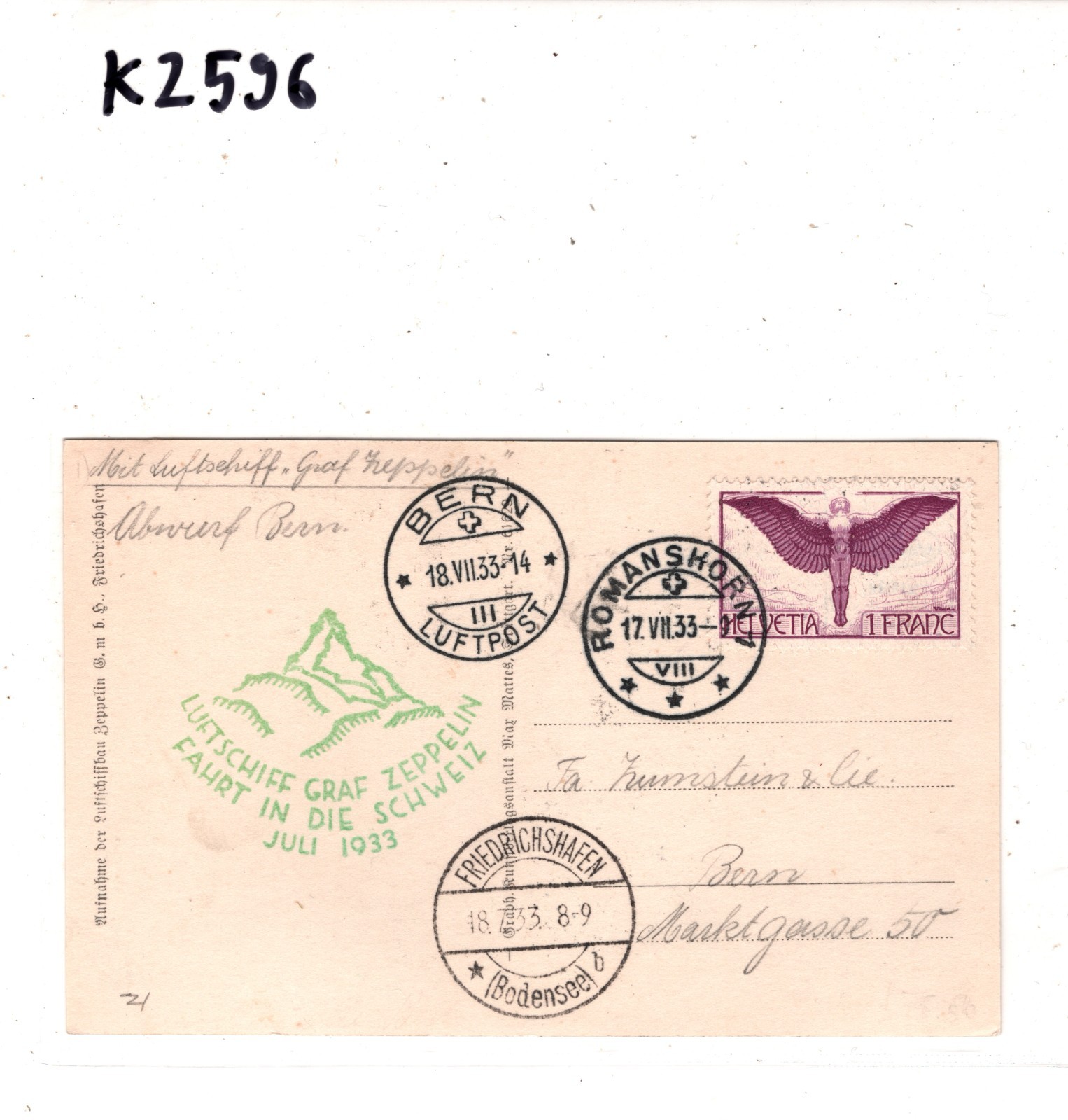 GRAF ZEPPELIN RP Card *SWITZERLAND* Air 1F Angel 1933 FAHRT SCHWEIZ Flight KZ596 - Image 8