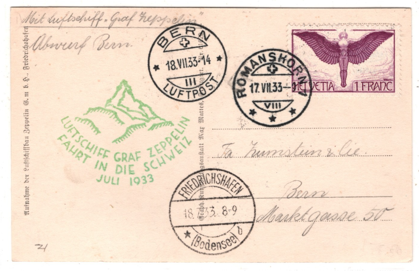 GRAF ZEPPELIN RP Card *SWITZERLAND* Air 1F Angel 1933 FAHRT SCHWEIZ Flight KZ596