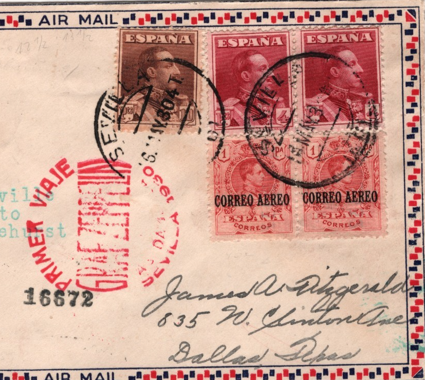 GRAF ZEPPELIN *SPAIN* Air ILLUSTRATED Cover 1930 FIRST FLIGHT Sevila Texas KZ573 - Image 3