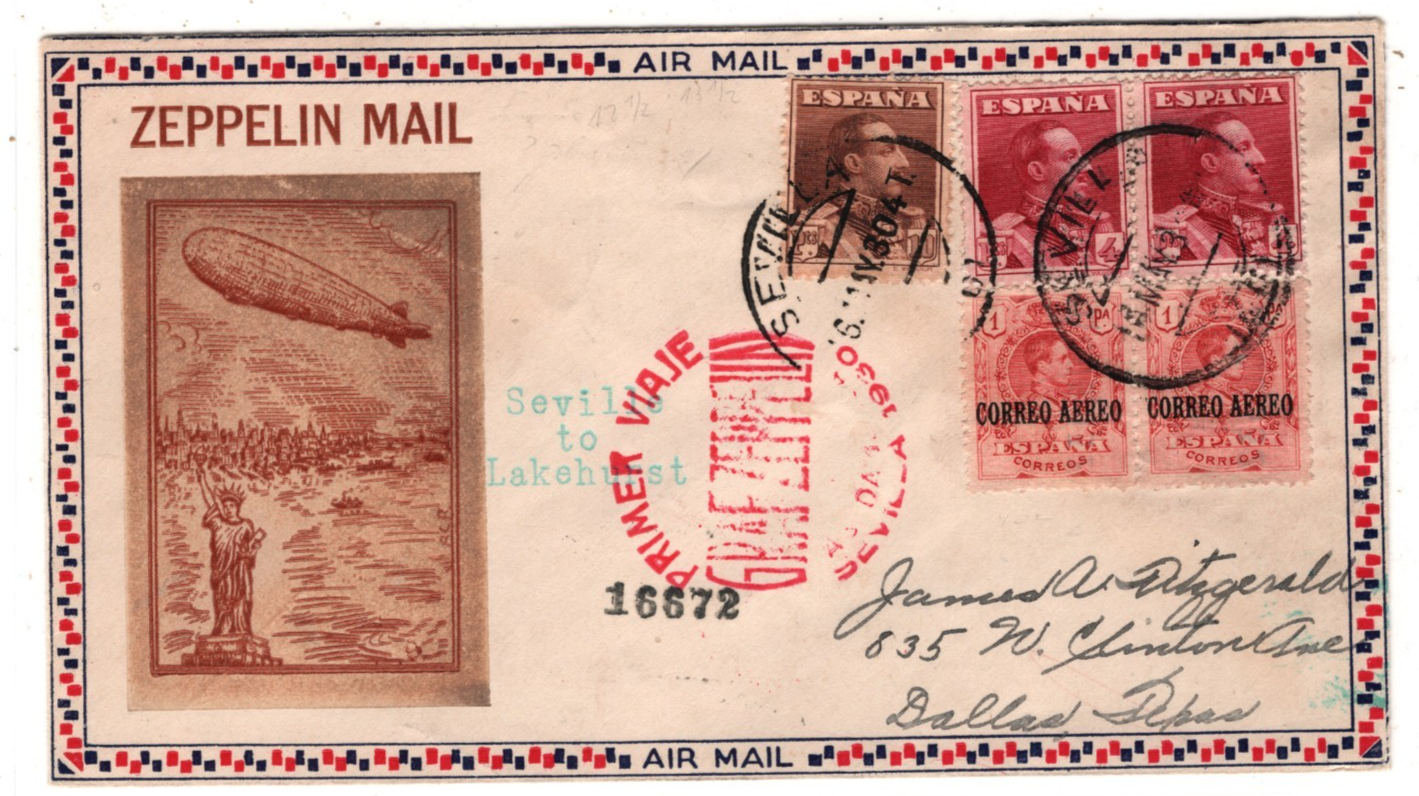 GRAF ZEPPELIN *SPAIN* Air ILLUSTRATED Cover 1930 FIRST FLIGHT Sevila Texas KZ573 - Image 4