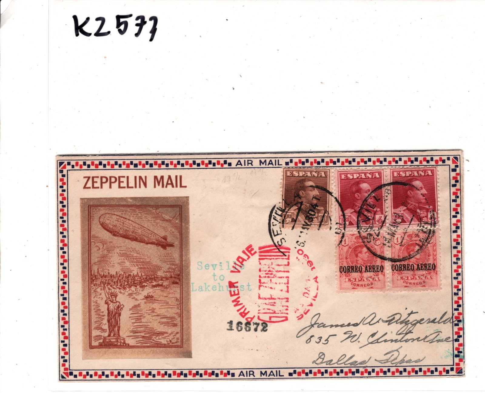 GRAF ZEPPELIN *SPAIN* Air ILLUSTRATED Cover 1930 FIRST FLIGHT Sevila Texas KZ573 - Image 7