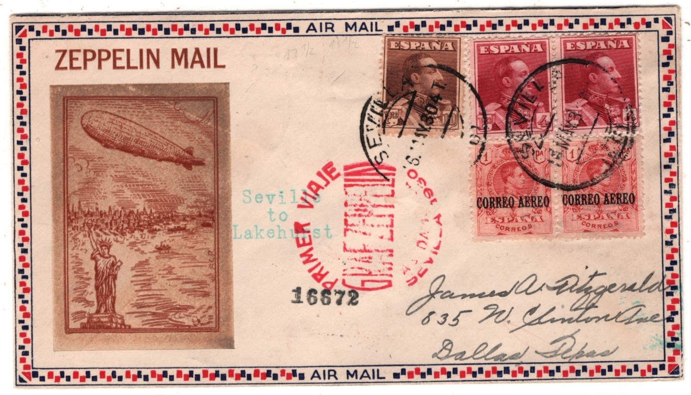 GRAF ZEPPELIN *SPAIN* Air ILLUSTRATED Cover 1930 FIRST FLIGHT Sevila Texas KZ573