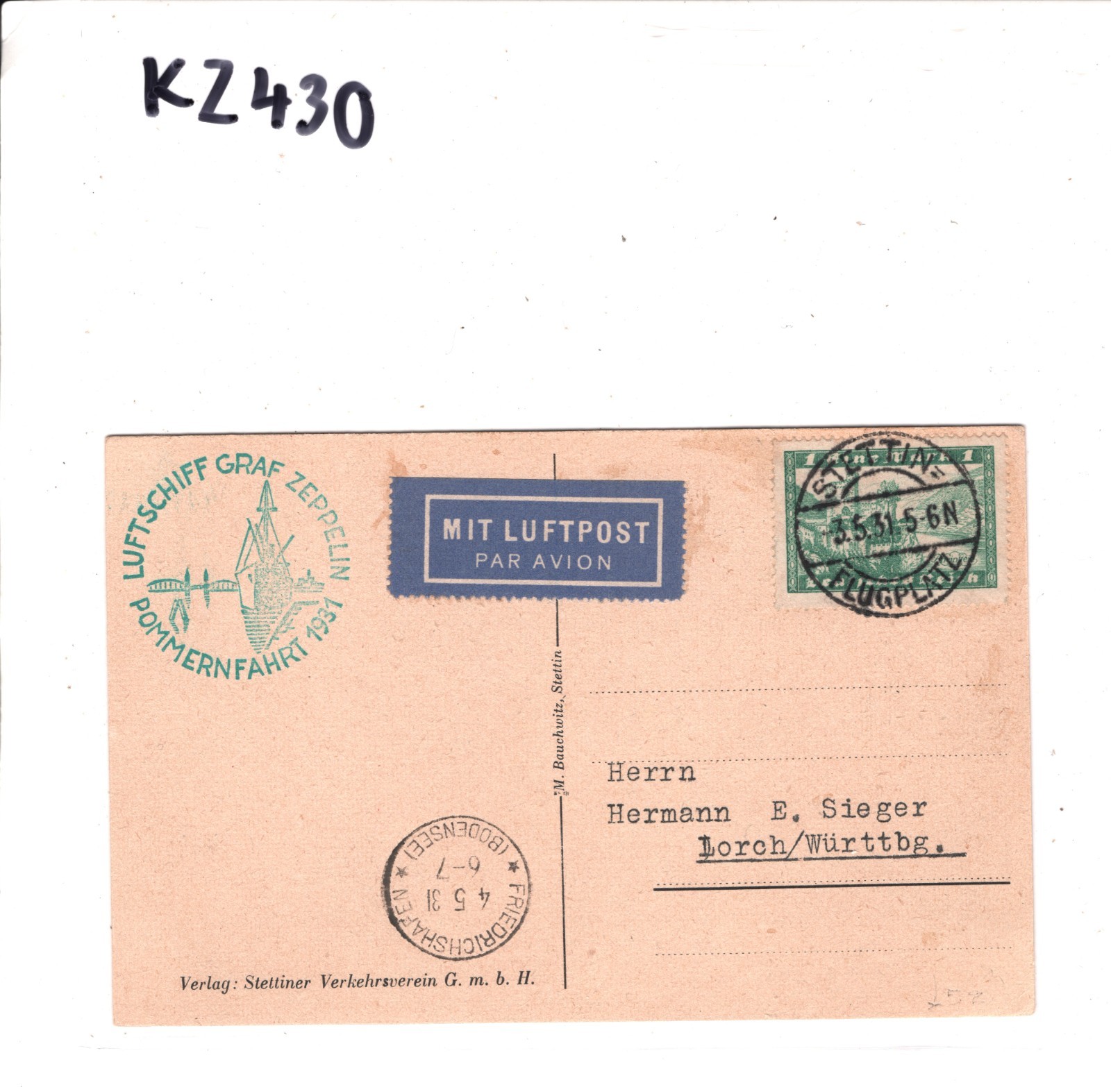 GRAF ZEPPELIN Sieger Card 1931 Stettin (Poland) Air *POMMERNFAHRT* Cachet KZ430 - Image 6
