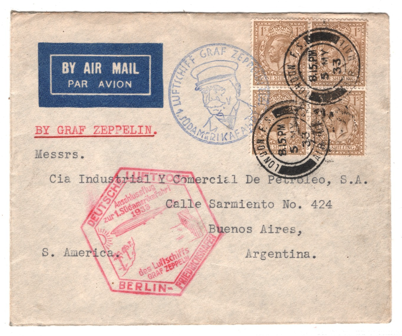 GRAF ZEPPELIN Treaty GB Air Mail 1933 Cover *1.SÜDAMERIKAFAHRT* Argentina KZ406 - Image 3