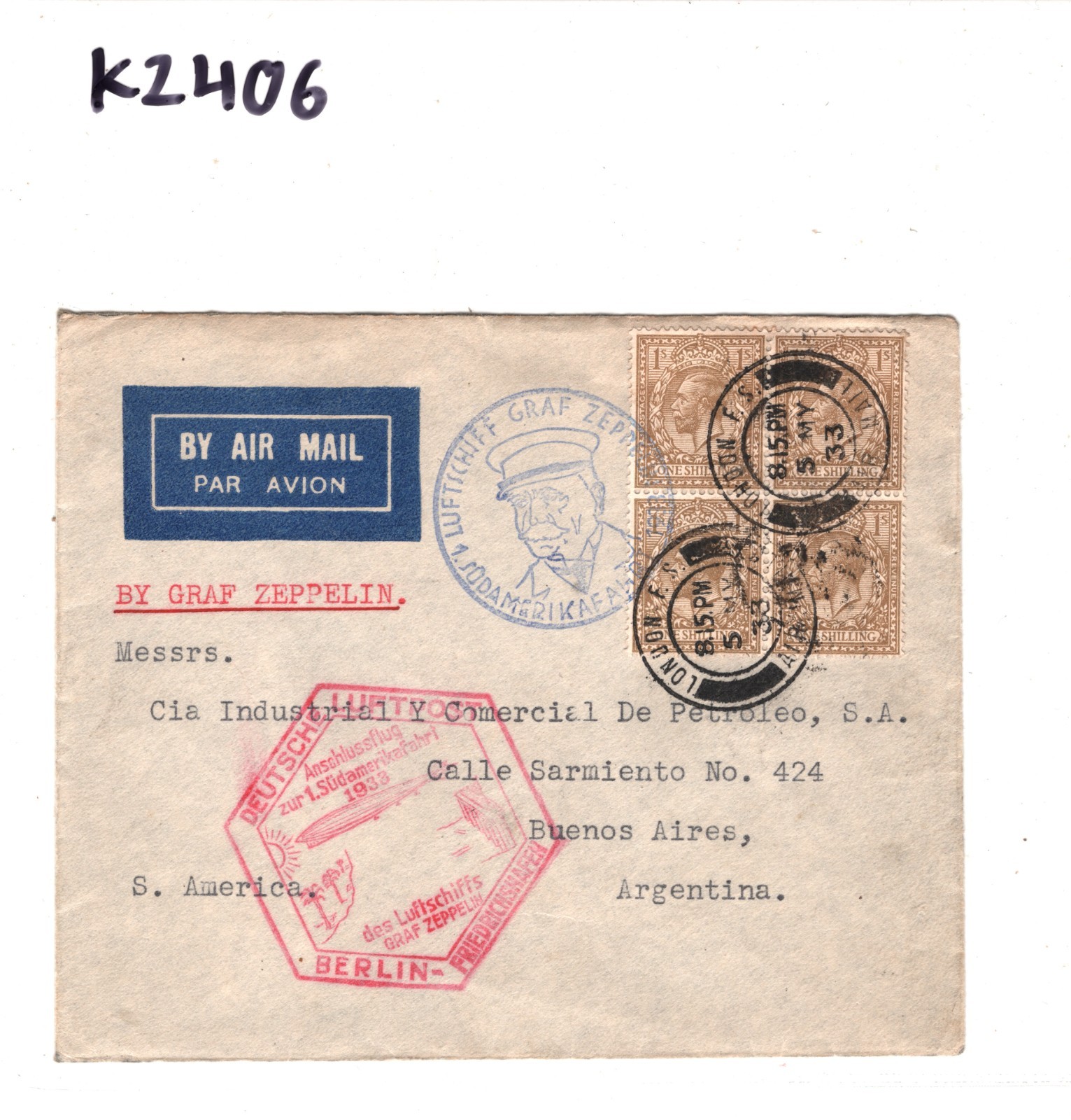 GRAF ZEPPELIN Treaty GB Air Mail 1933 Cover *1.SÜDAMERIKAFAHRT* Argentina KZ406 - Image 5