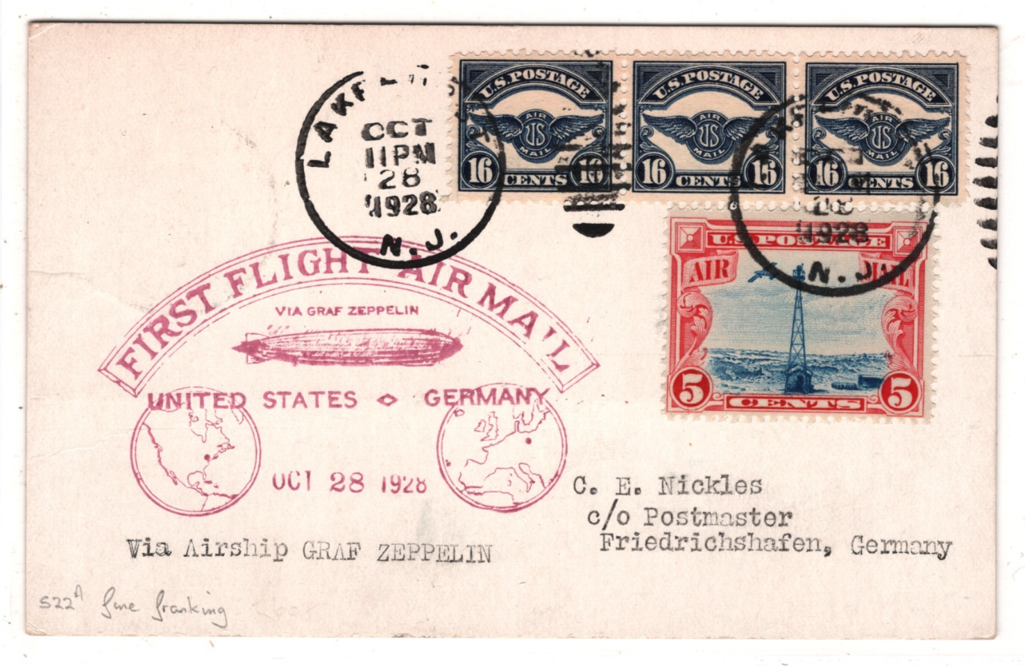 GRAF ZEPPELIN USA Air #C5 16c STRIP{3} Card 1928 FIRST FLIGHT Germany KZ518 - Image 6