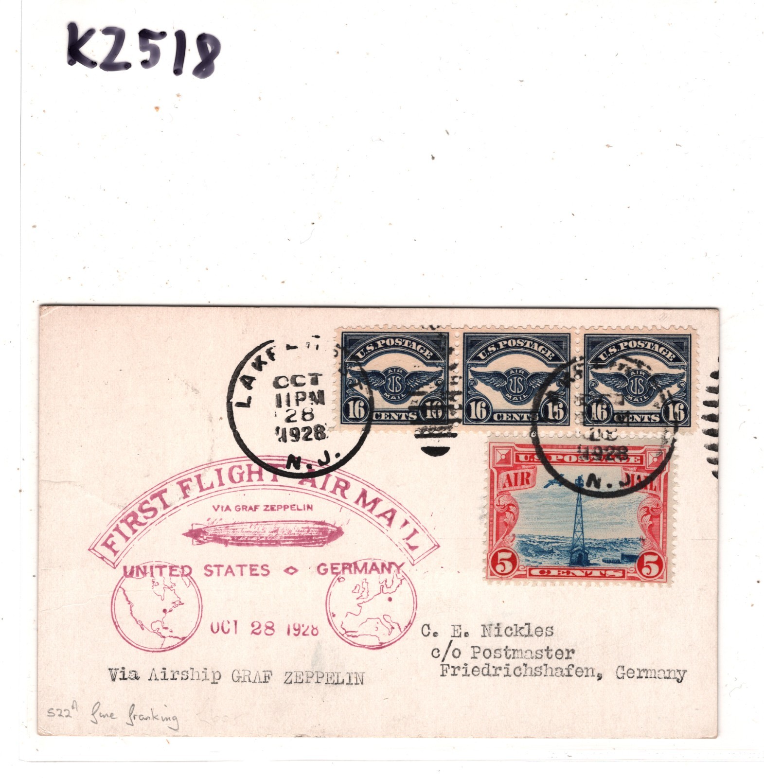 GRAF ZEPPELIN USA Air #C5 16c STRIP{3} Card 1928 FIRST FLIGHT Germany KZ518 - Image 8