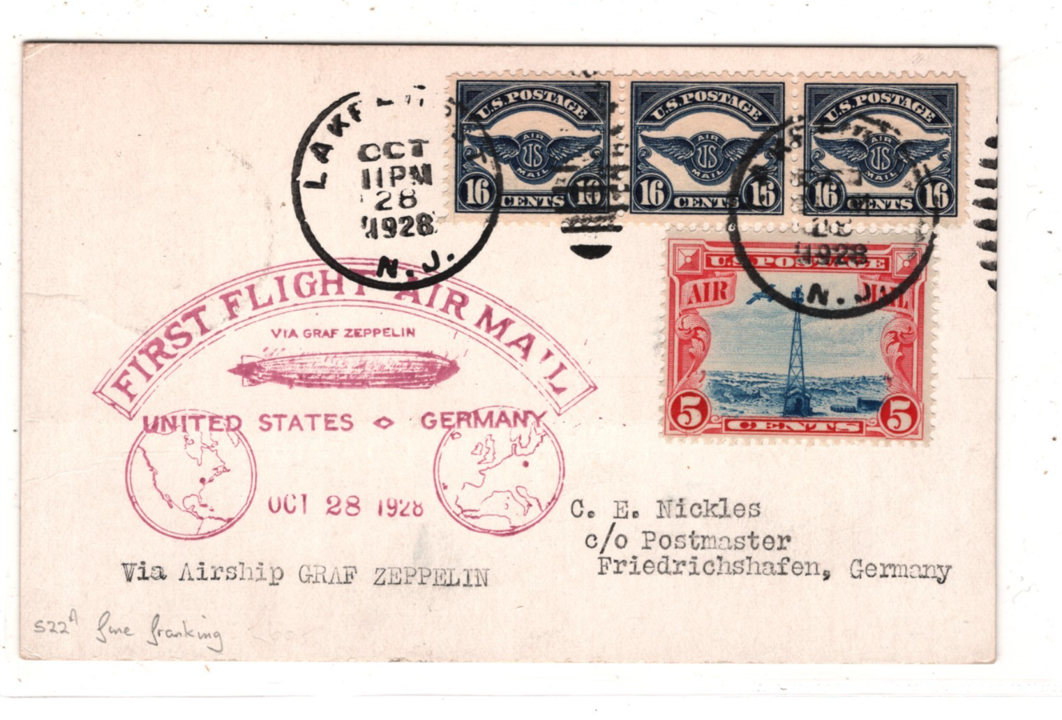 GRAF ZEPPELIN USA Air #C5 16c STRIP{3} Card 1928 FIRST FLIGHT Germany KZ518