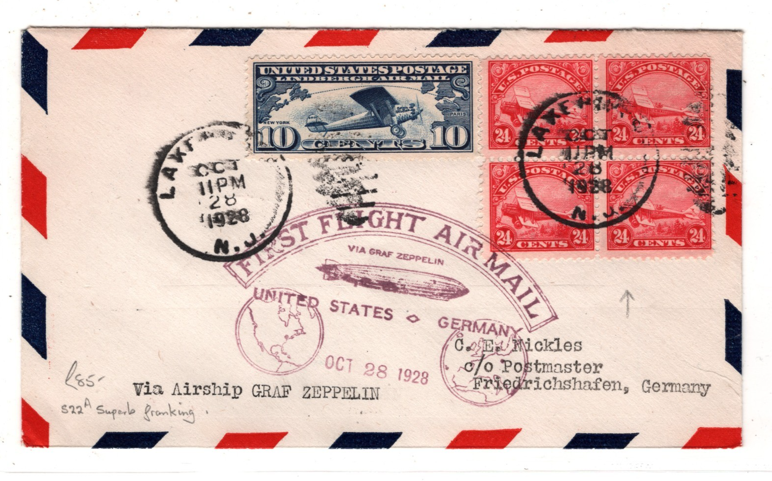 GRAF ZEPPELIN USA Air #C6 24c *BLOCK*{4} Cover 1928 FIRST FLIGHT Lakehurst KZ524 - Image 3