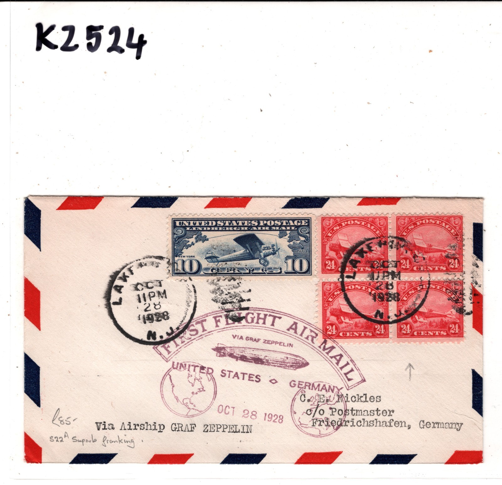GRAF ZEPPELIN USA Air #C6 24c *BLOCK*{4} Cover 1928 FIRST FLIGHT Lakehurst KZ524 - Image 6