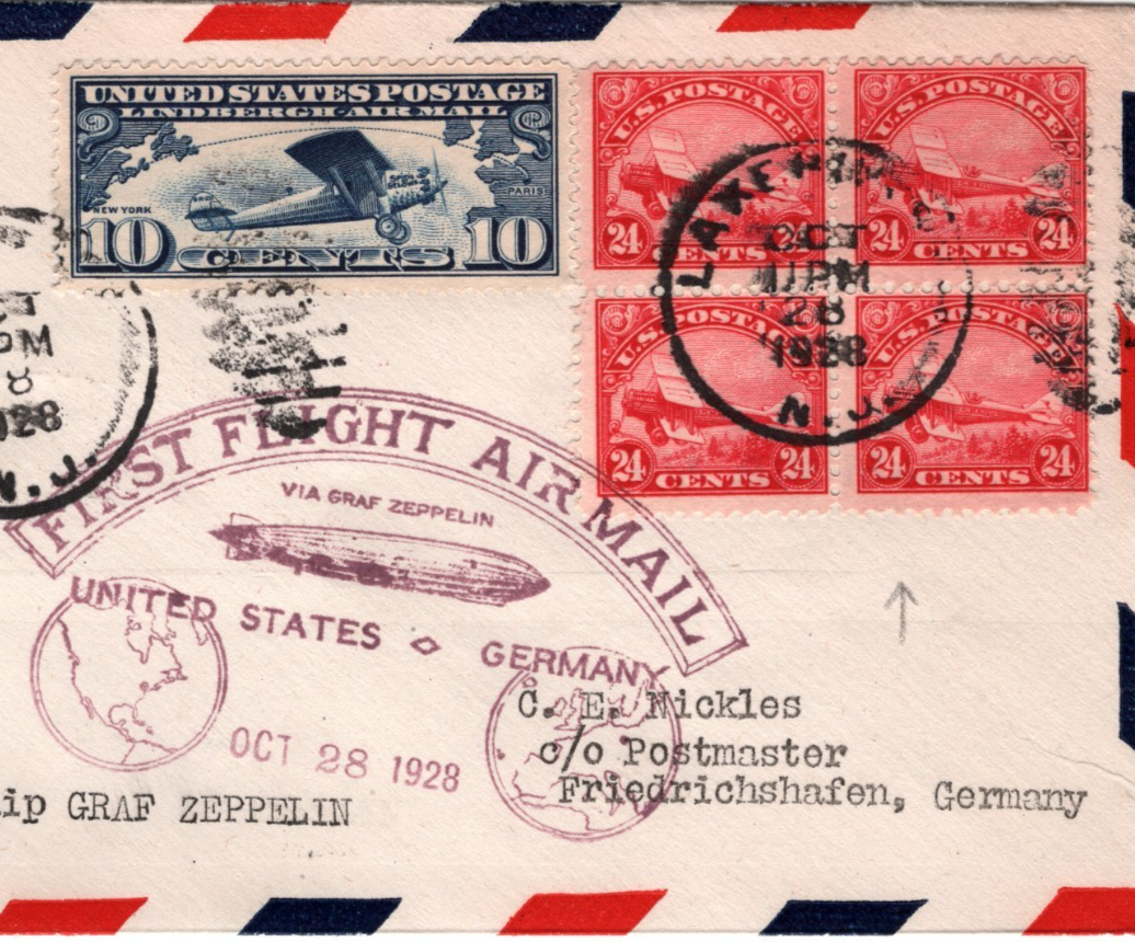 GRAF ZEPPELIN USA Air #C6 24c *BLOCK*{4} Cover 1928 FIRST FLIGHT Lakehurst KZ524
