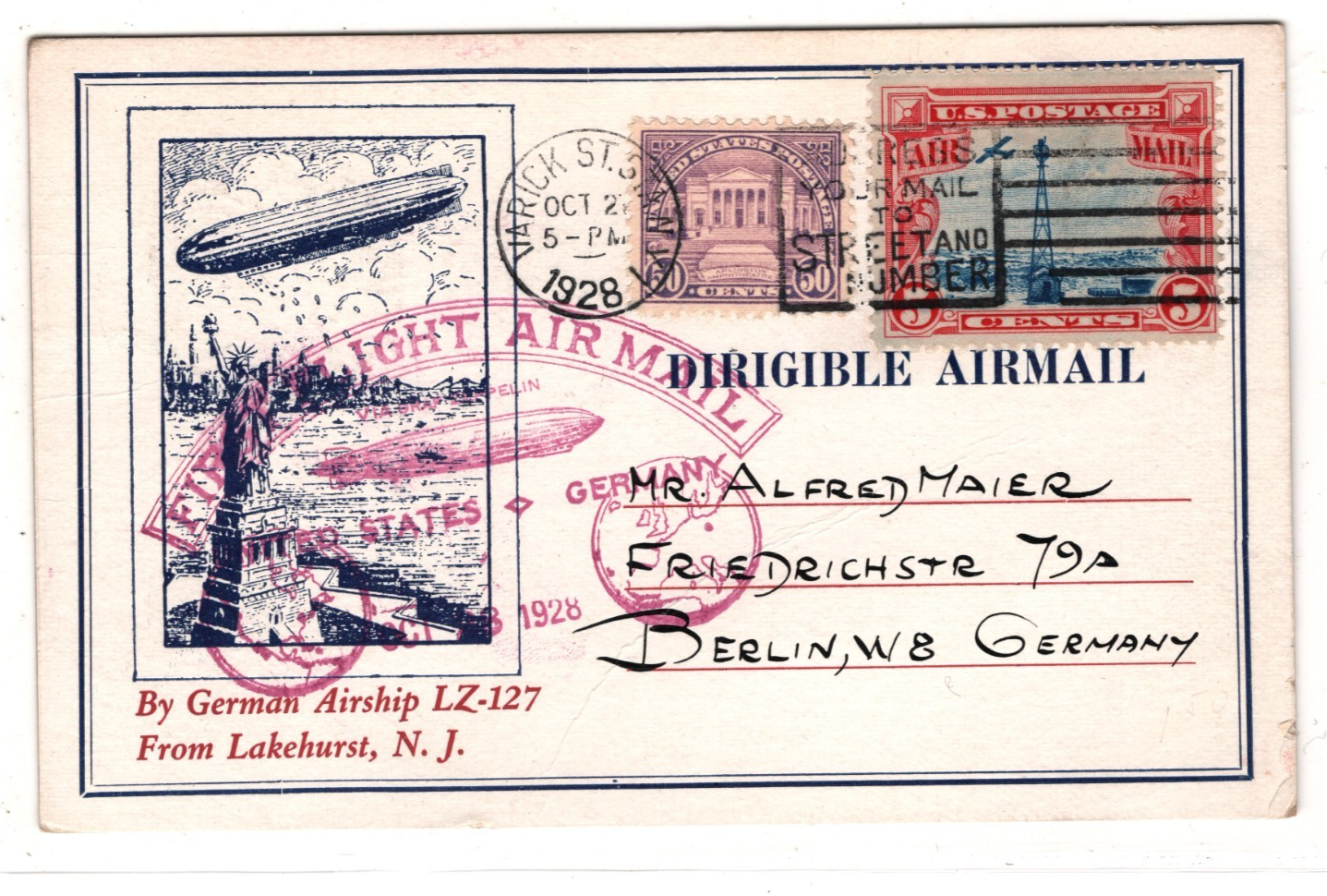 GRAF ZEPPELIN USA Air *ILLUSTRATED* Card 1928 FIRST FLIGHT New York Berlin KZ520 - Image 4