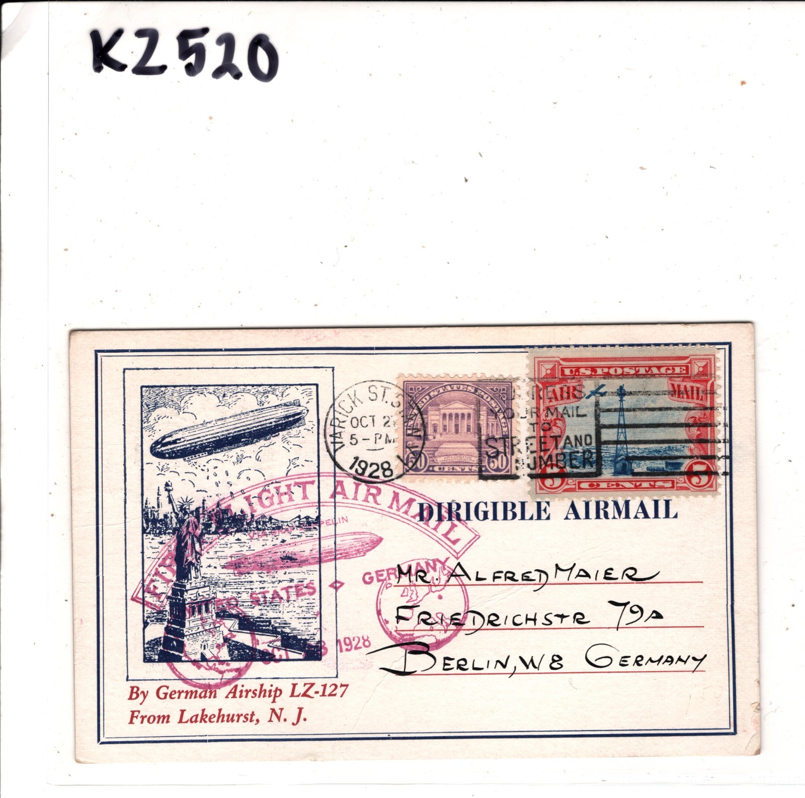 GRAF ZEPPELIN USA Air *ILLUSTRATED* Card 1928 FIRST FLIGHT New York Berlin KZ520 - Image 8