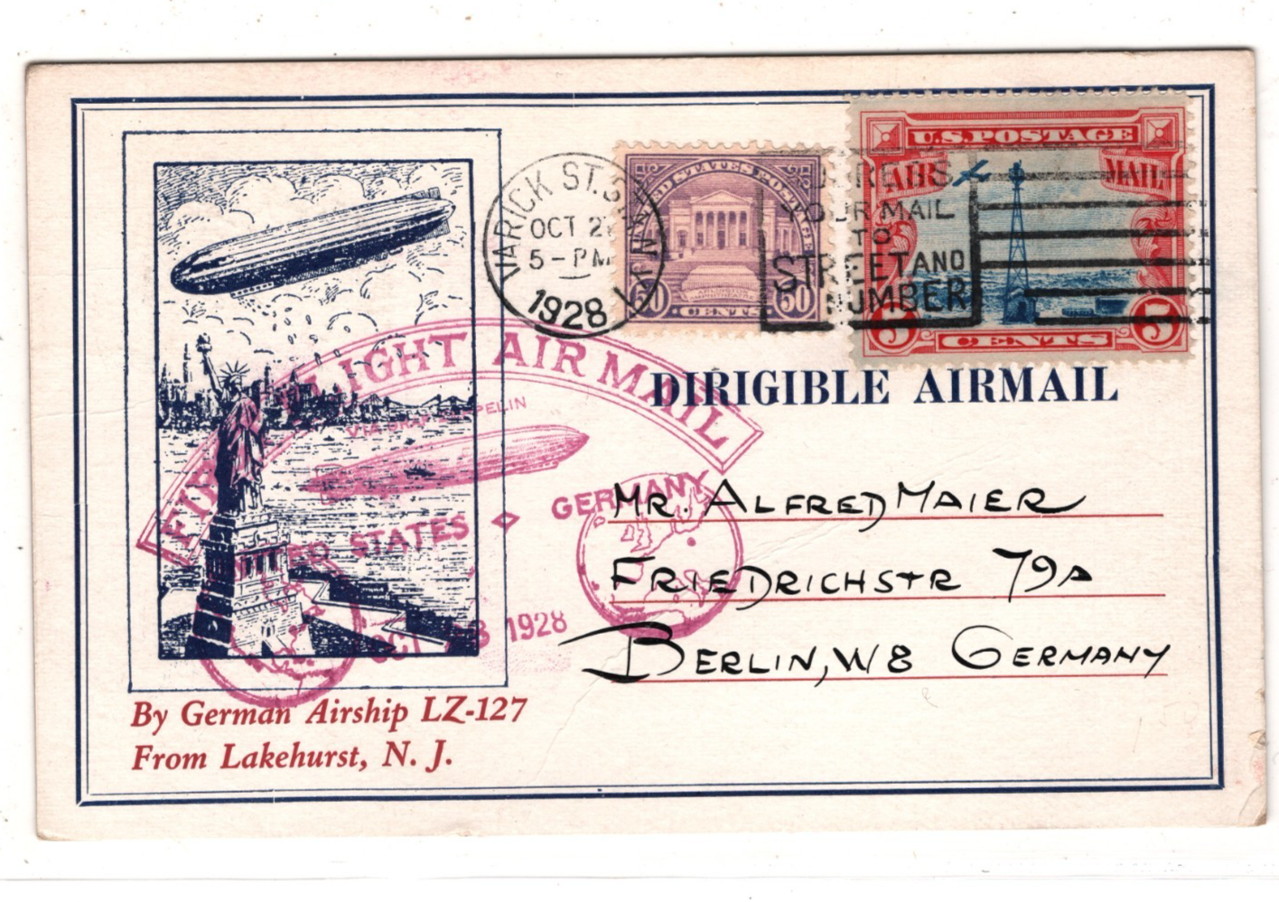 GRAF ZEPPELIN USA Air *ILLUSTRATED* Card 1928 FIRST FLIGHT New York Berlin KZ520