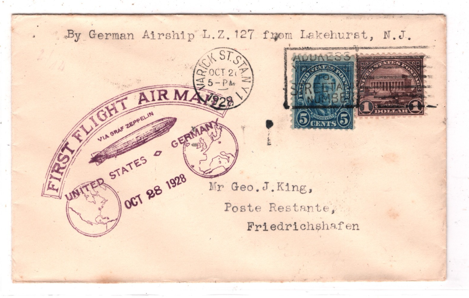 GRAF ZEPPELIN USA Air Mail $1 Cover FIRST FLIGHT 1928 Germany Lakehurst KZ606 - Image 4