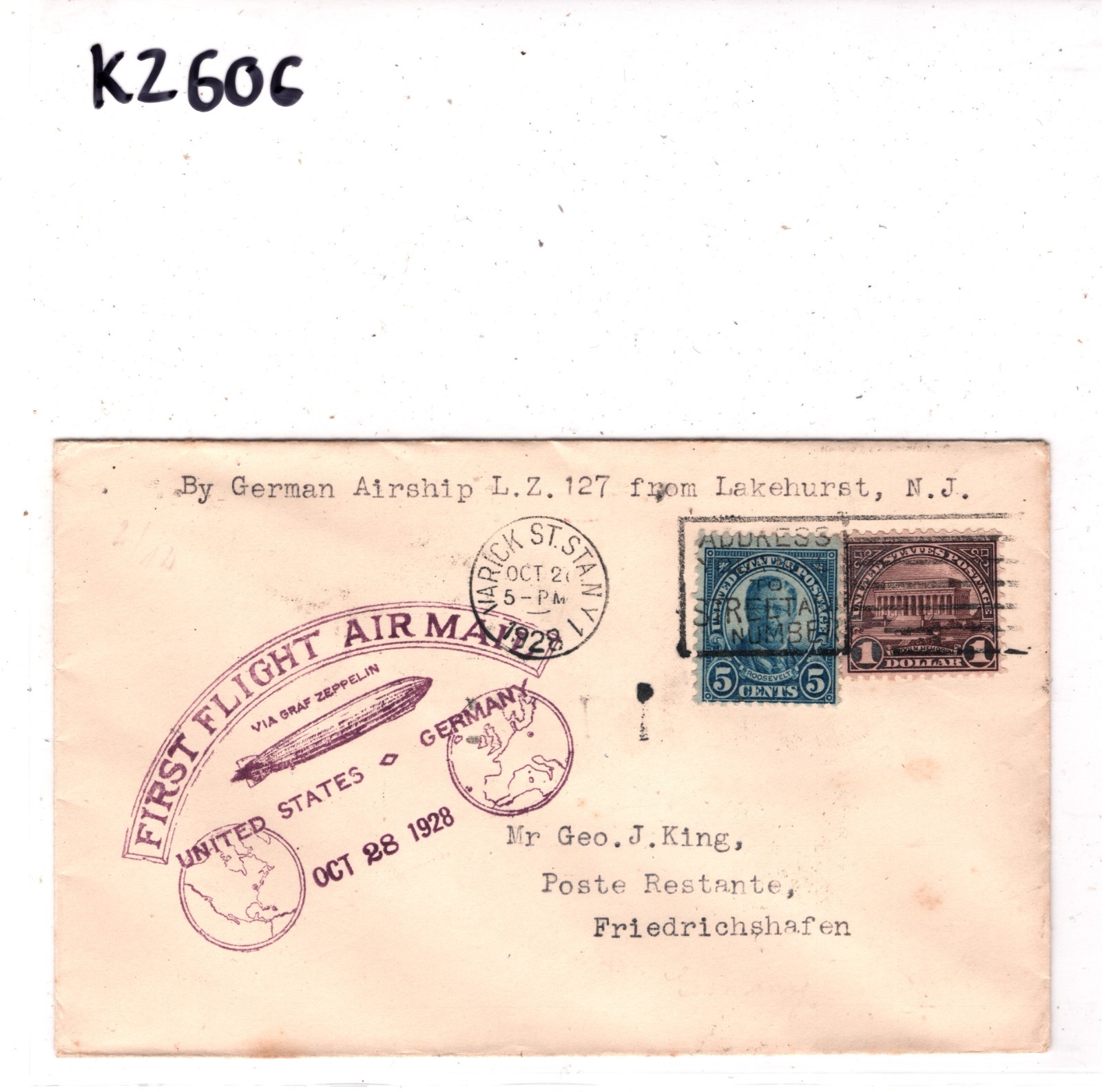 GRAF ZEPPELIN USA Air Mail $1 Cover FIRST FLIGHT 1928 Germany Lakehurst KZ606 - Image 7
