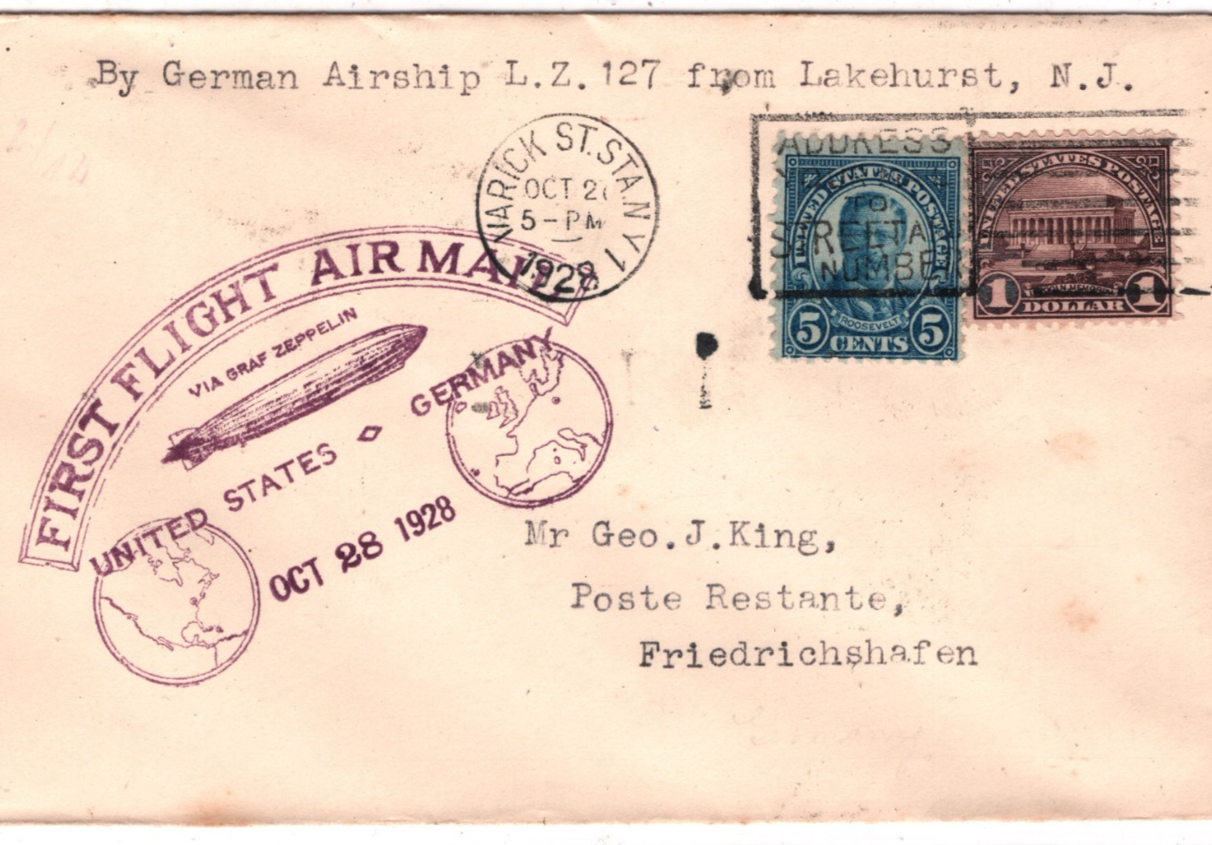 GRAF ZEPPELIN USA Air Mail $1 Cover FIRST FLIGHT 1928 Germany Lakehurst KZ606