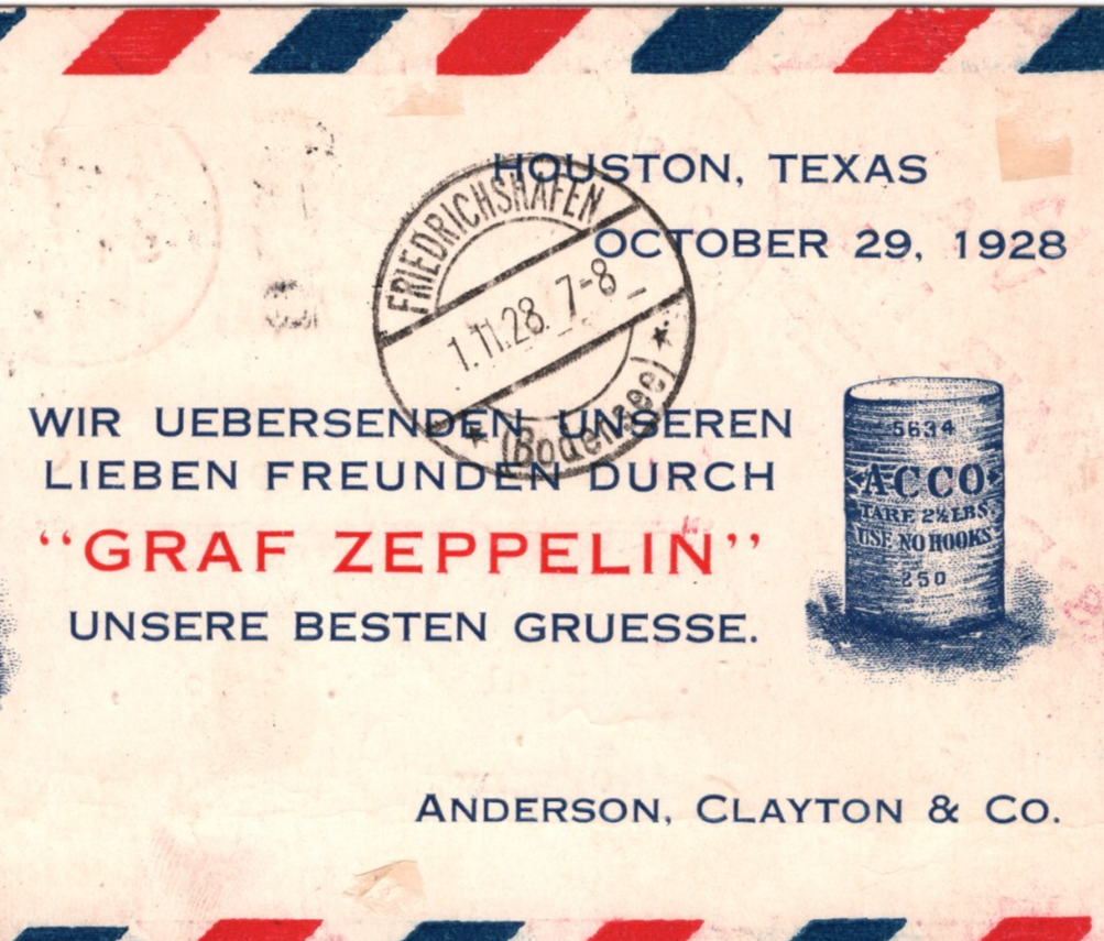GRAF ZEPPELIN USA Air Mail *ADVERT* Card 1928 FIRST FLIGHT Houston Germany KZ522 - Image 4