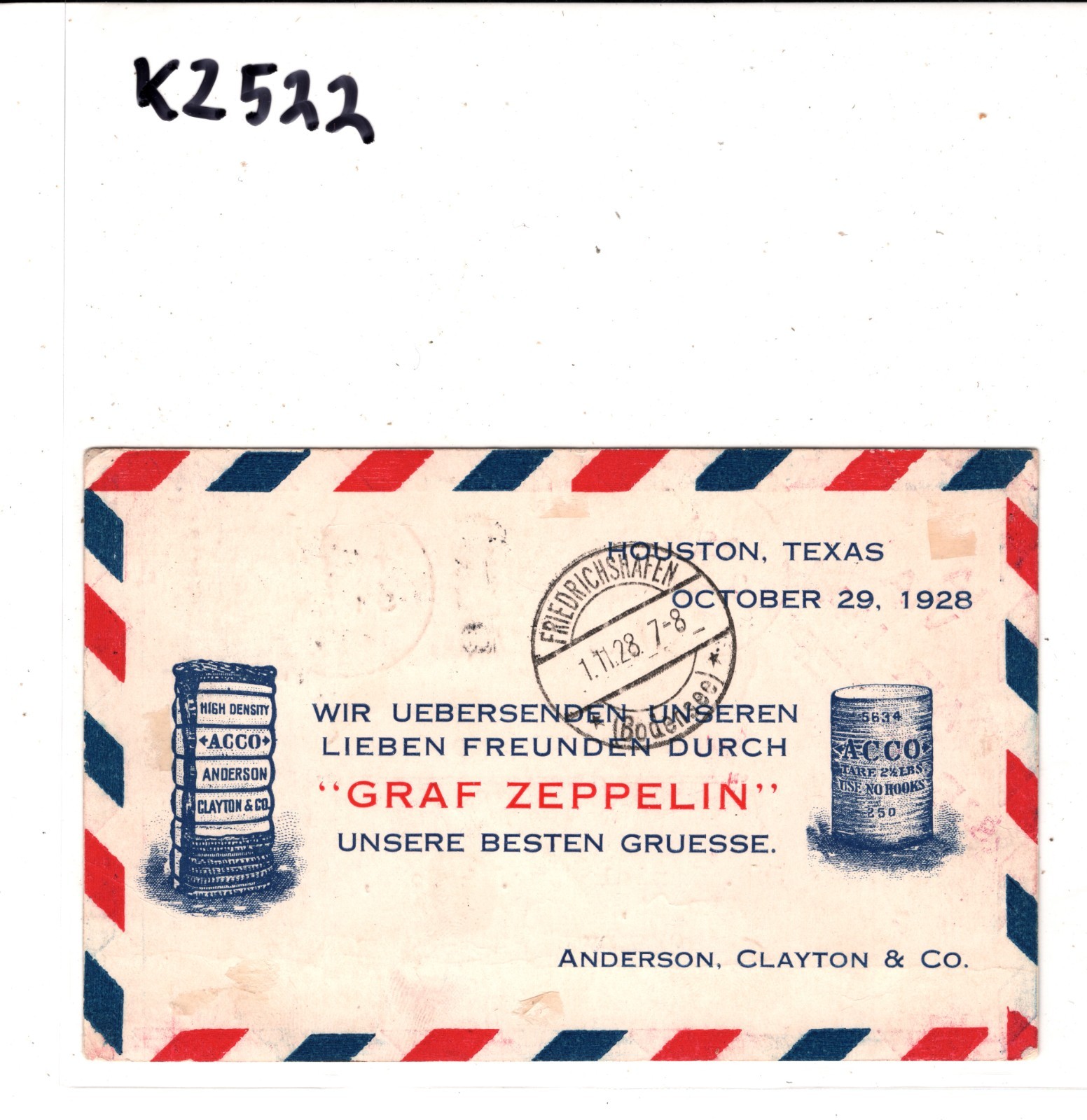 GRAF ZEPPELIN USA Air Mail *ADVERT* Card 1928 FIRST FLIGHT Houston Germany KZ522 - Image 5