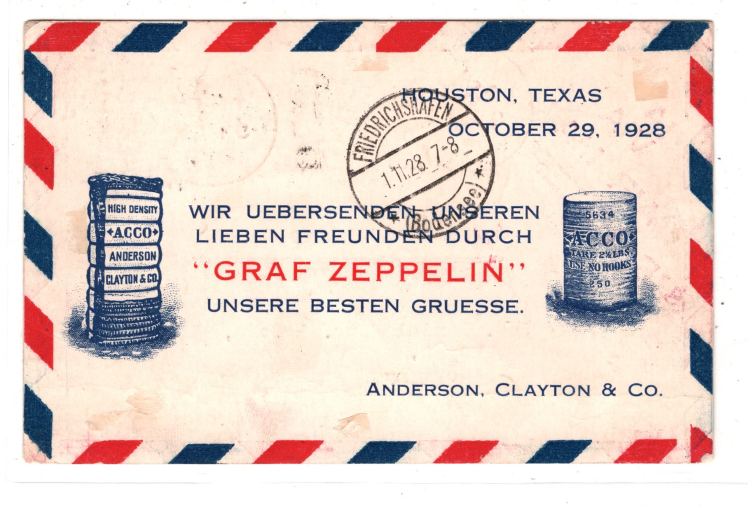 GRAF ZEPPELIN USA Air Mail *ADVERT* Card 1928 FIRST FLIGHT Houston Germany KZ522