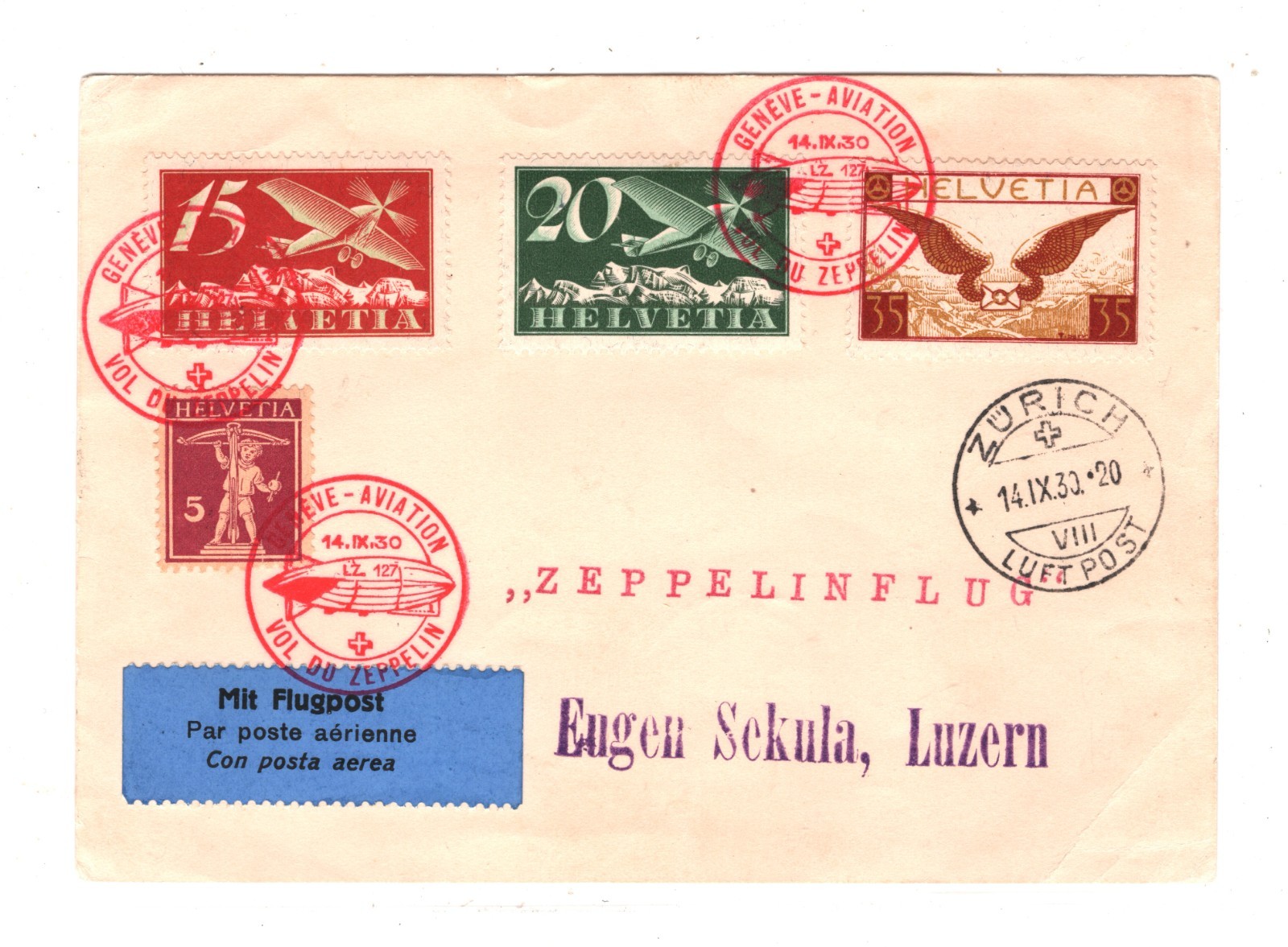 GRAF ZEPPELIN Vignette Card *SWITZERLAND* Flight 1930 Air GENEVE-AVIATION KZ102 - Image 3