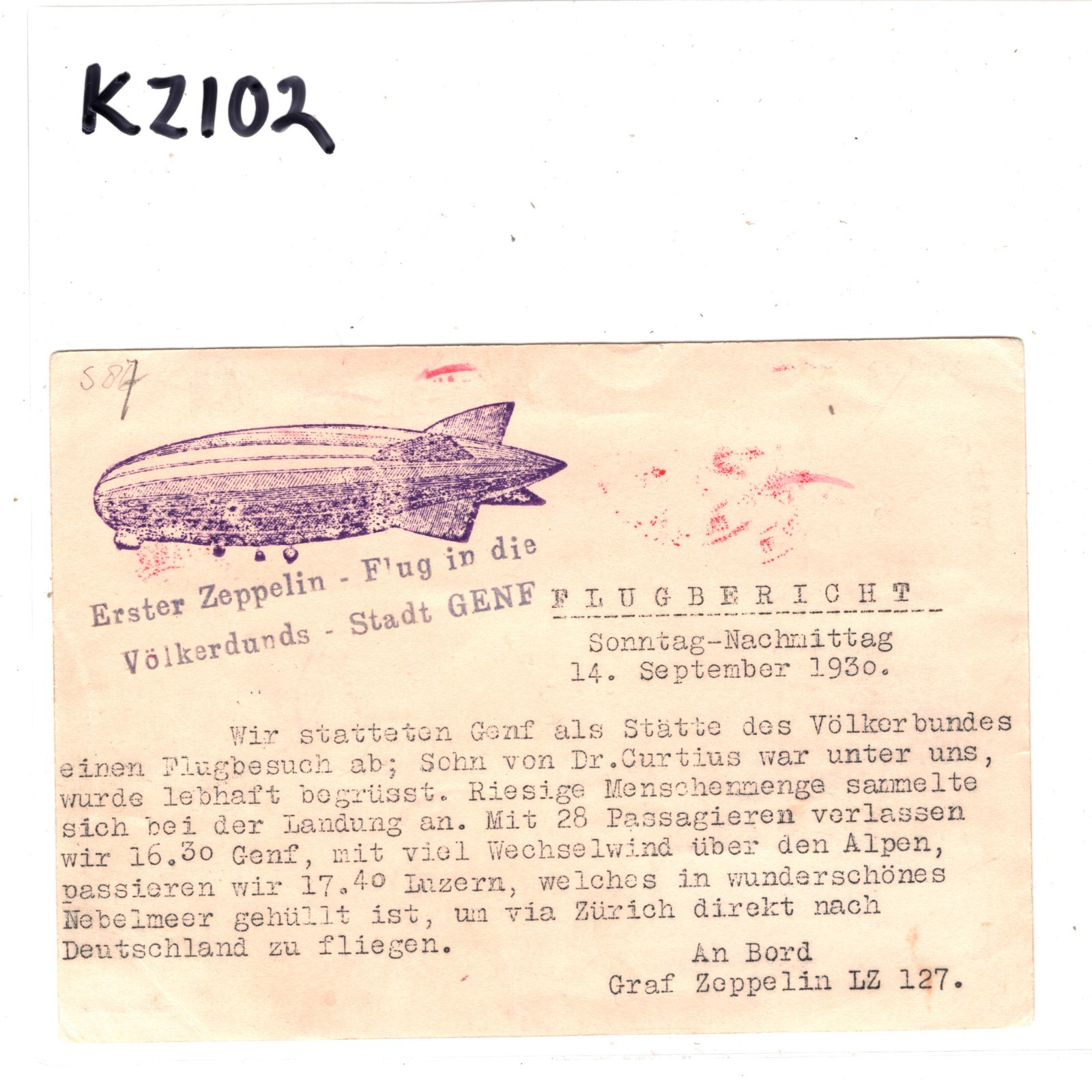 GRAF ZEPPELIN Vignette Card *SWITZERLAND* Flight 1930 Air GENEVE-AVIATION KZ102 - Image 7