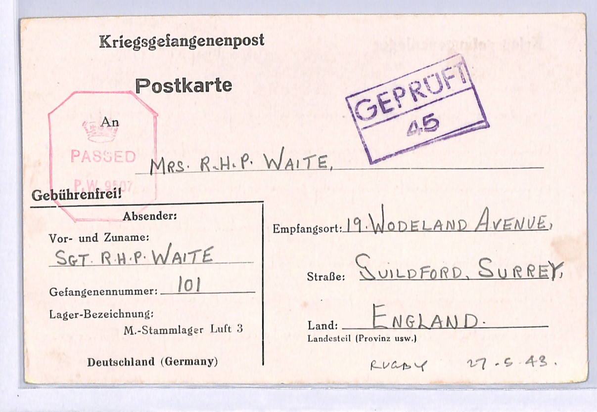 GREAT ECAPE CAMP WW2 GB RAF POW Card STALAG LUFT 3 1943 *RUGBY MATCH* Note XO30 - Image 3