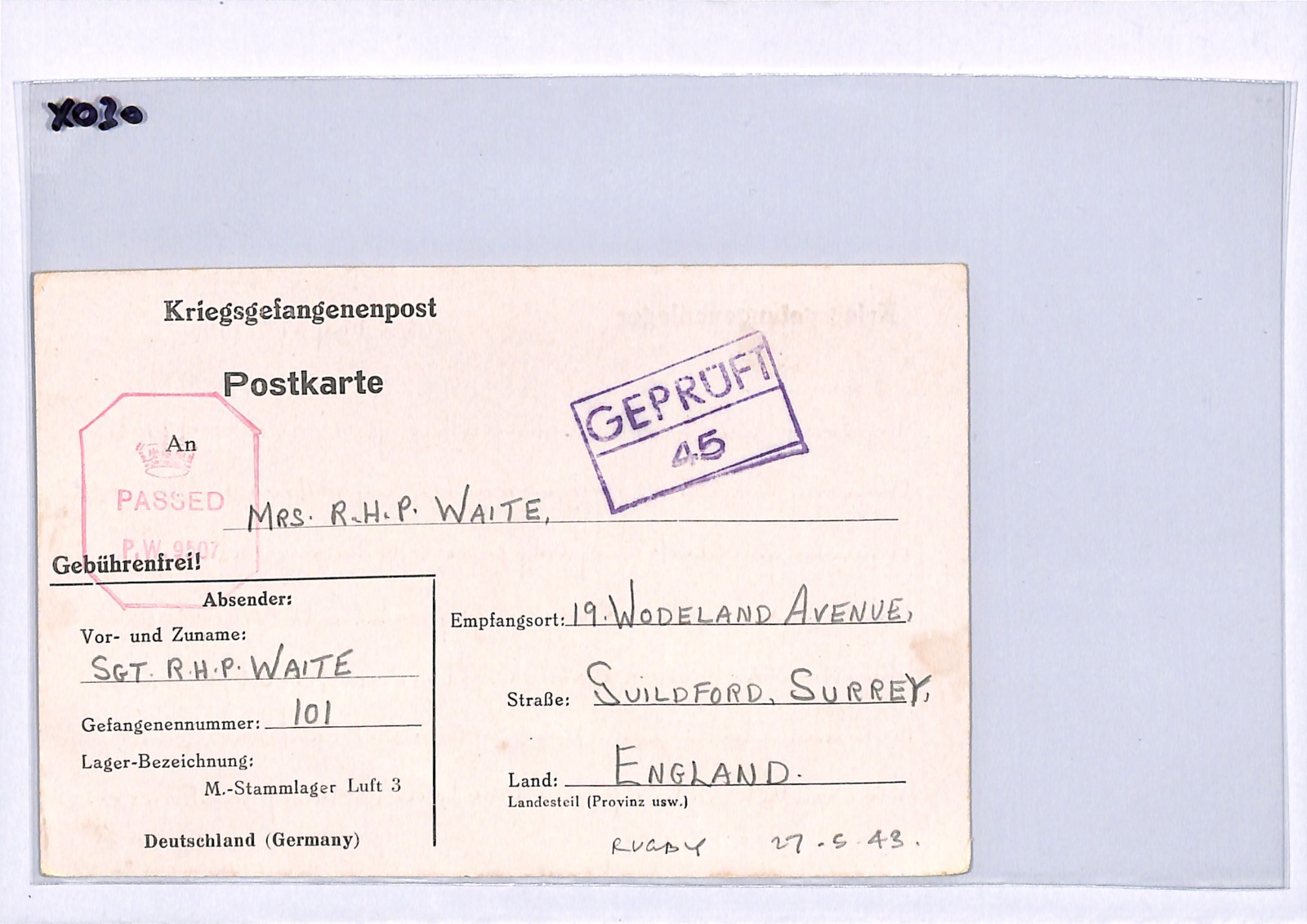 GREAT ECAPE CAMP WW2 GB RAF POW Card STALAG LUFT 3 1943 *RUGBY MATCH* Note XO30 - Image 5