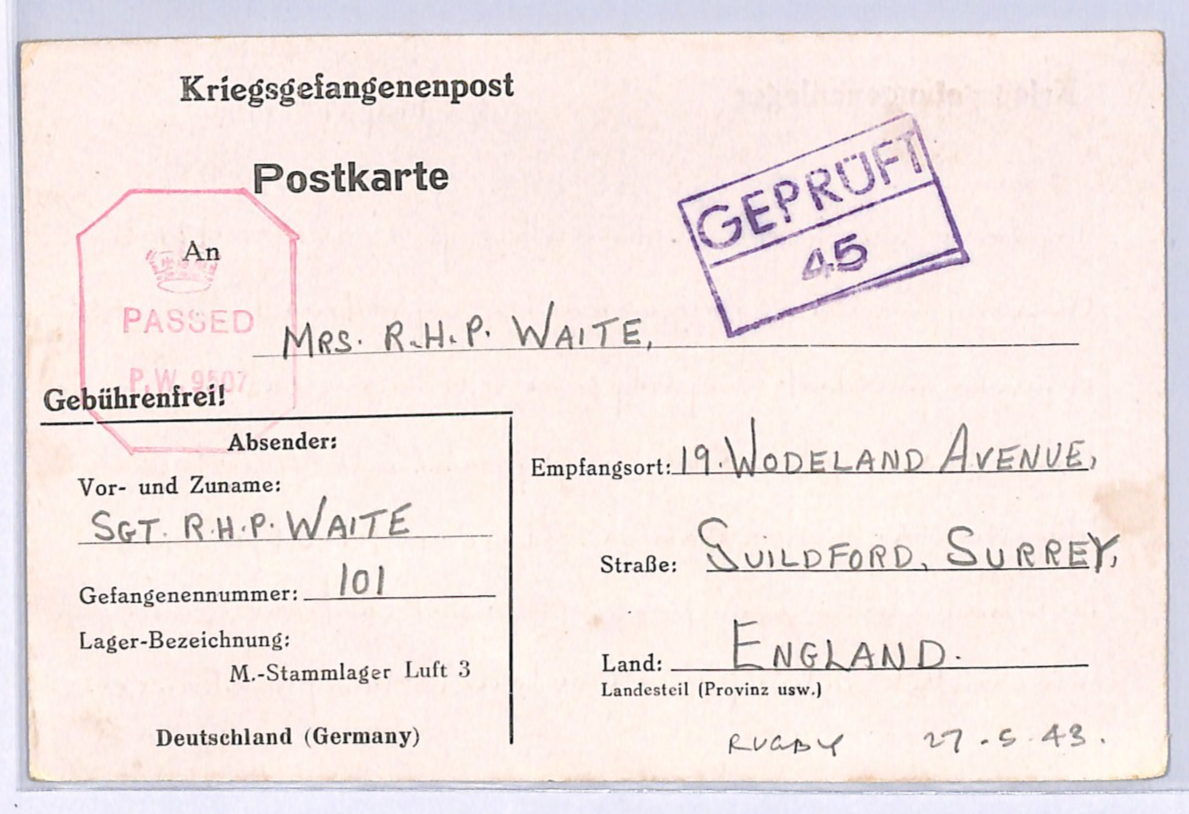GREAT ECAPE CAMP WW2 GB RAF POW Card STALAG LUFT 3 1943 *RUGBY MATCH* Note XO30