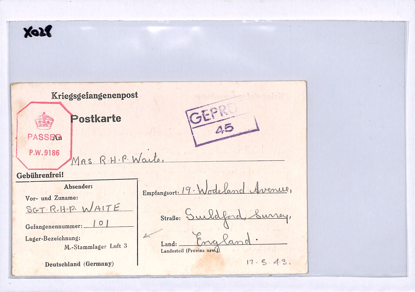 GREAT ESCAPE CAMP (Poland) WW2 GB RAF POW Card STALAG *LUFT 3* Imprint 1943 XO28 - Image 6