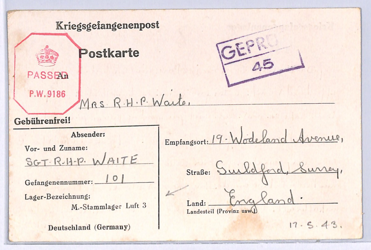 GREAT ESCAPE CAMP (Poland) WW2 GB RAF POW Card STALAG *LUFT 3* Imprint 1943 XO28