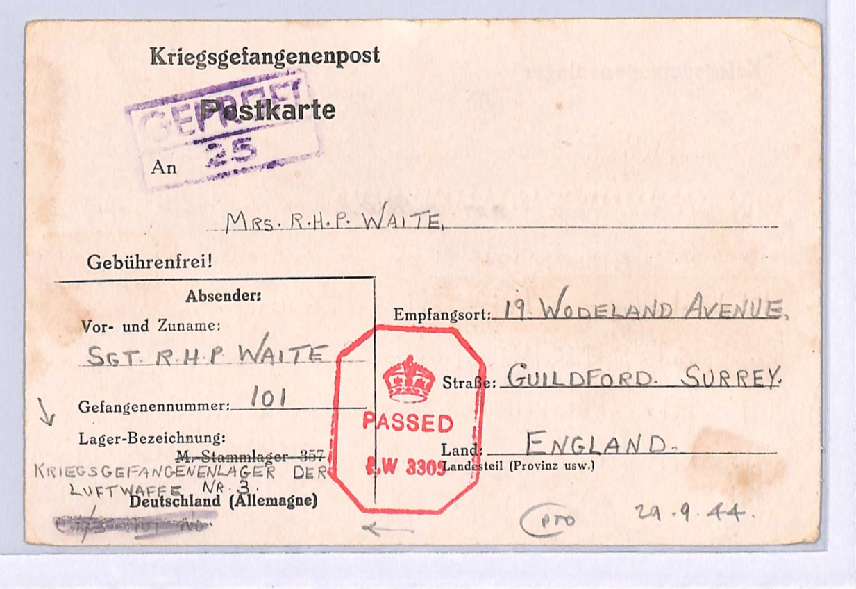 GREAT ESCAPE CAMP WW2 GB RAF POW Card STALAG LUFT 3 1944 Message *CENSORED* XO44 - Image 2