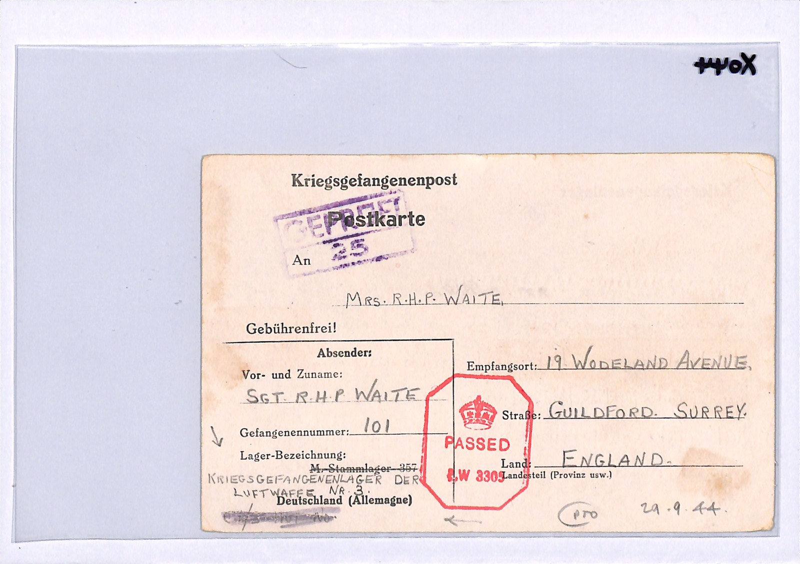 GREAT ESCAPE CAMP WW2 GB RAF POW Card STALAG LUFT 3 1944 Message *CENSORED* XO44 - Image 4
